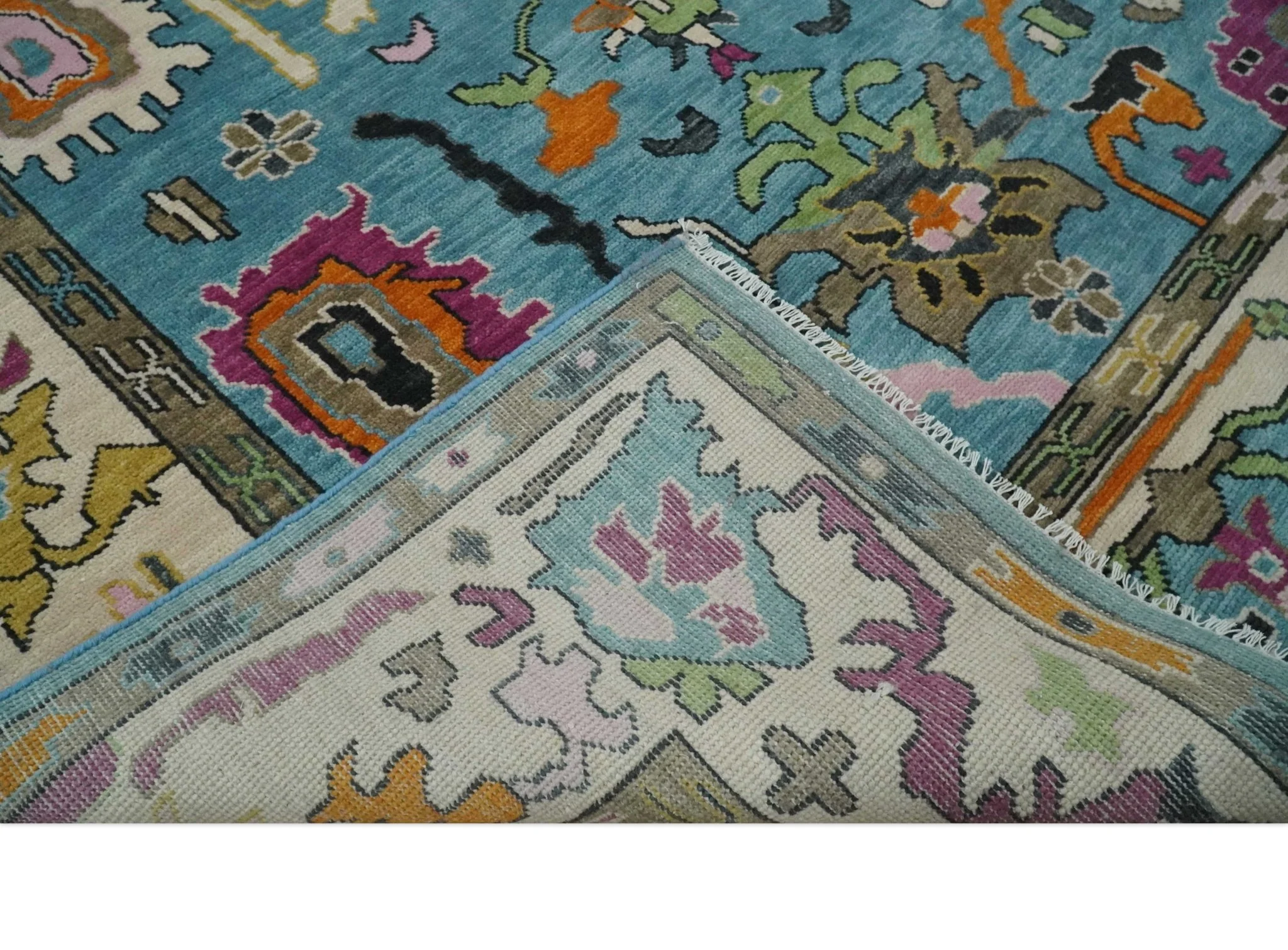 Made to Order Traditional Blue and Ivory Vibrant colorful Hand knotted Oushak wool area rug - Image 6