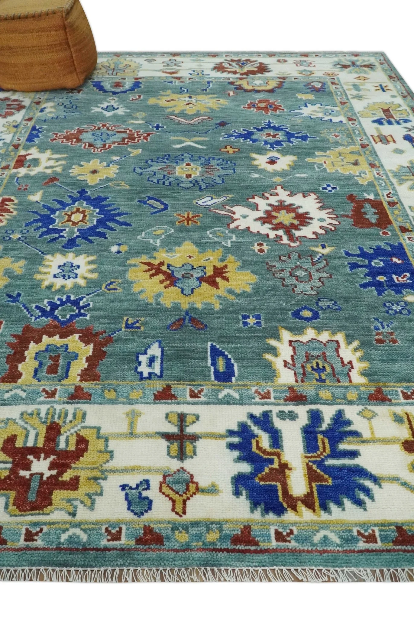 Custom Made Blue and Ivory Colorful Hand knotted Traditional Oushak wool Area Rug - Image 3