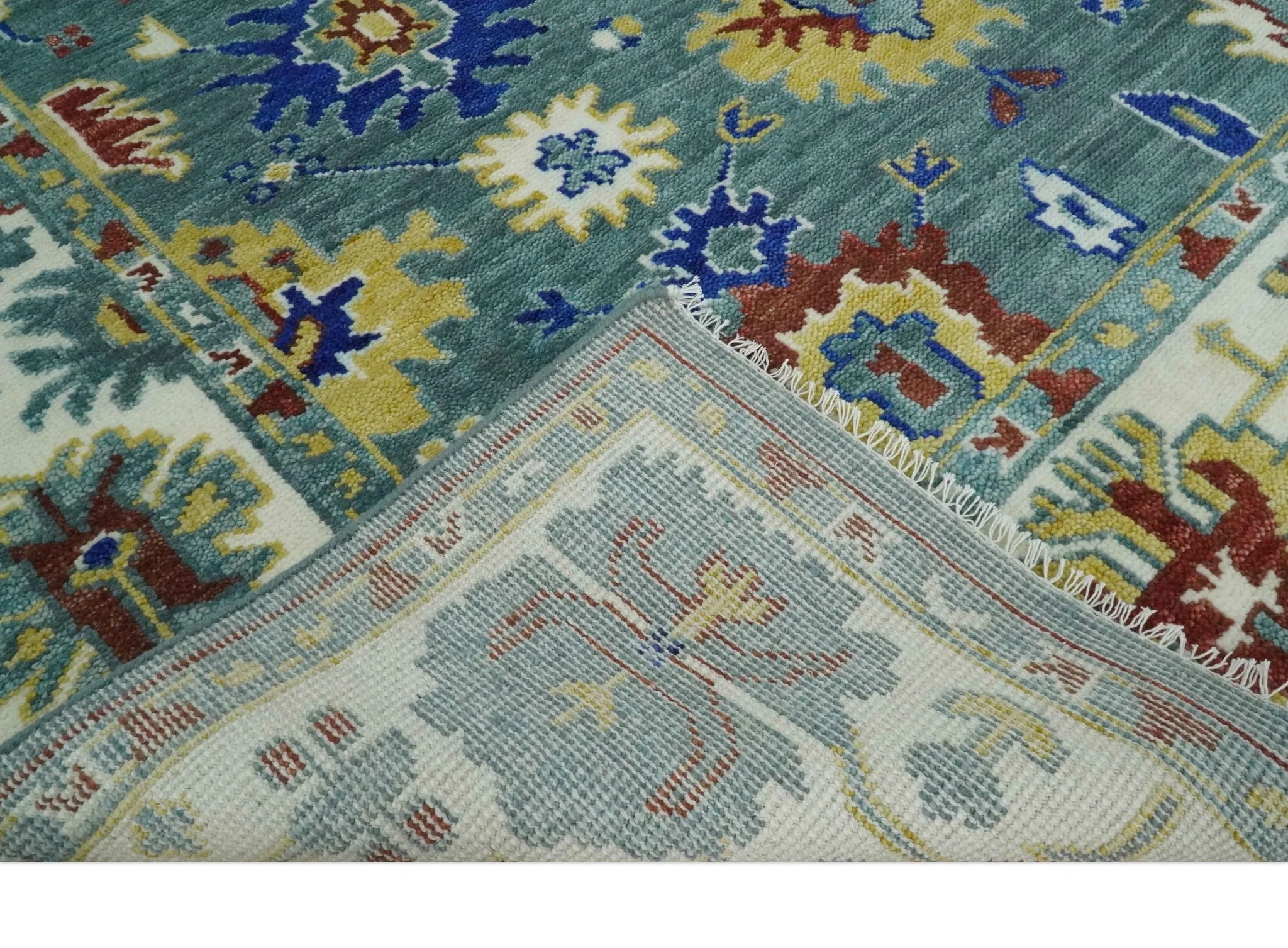 Custom Made Blue and Ivory Colorful Hand knotted Traditional Oushak wool Area Rug - Image 8