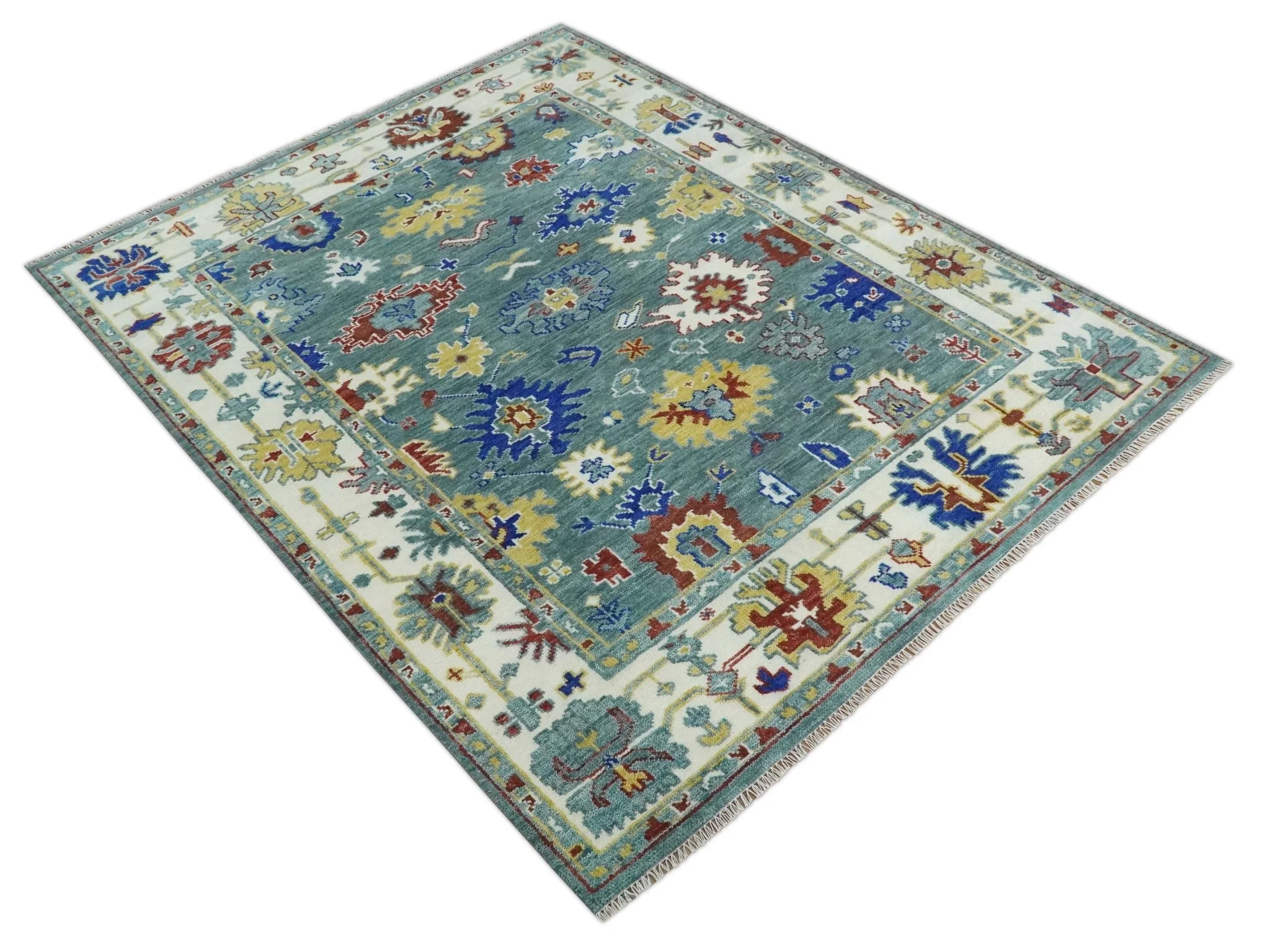 Custom Made Blue and Ivory Colorful Hand knotted Traditional Oushak wool Area Rug - Image 9