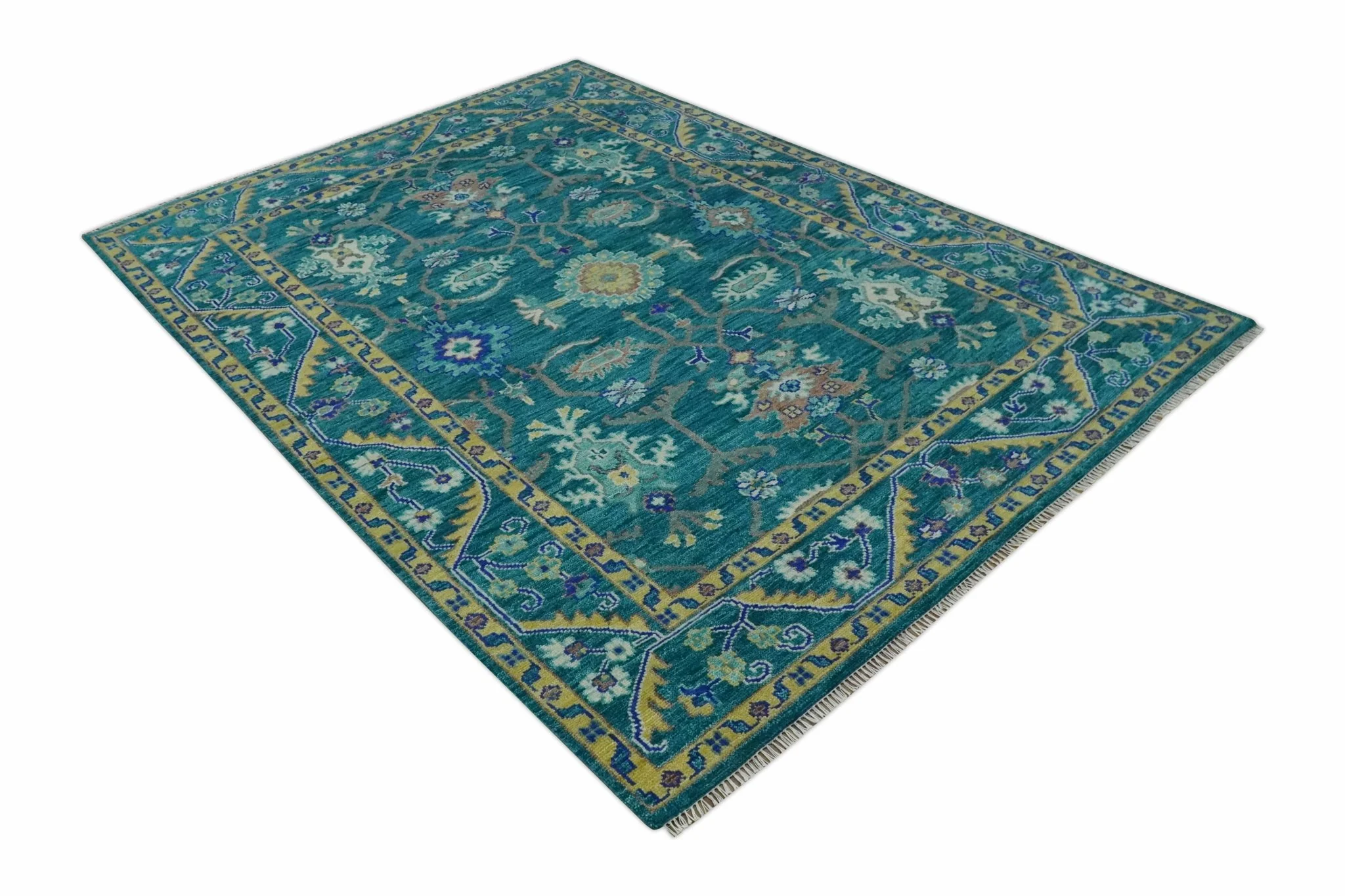 Blue and Mustard Hand knotted Traditional Oriental Oushak 9x12 wool Area Rug - Image 10