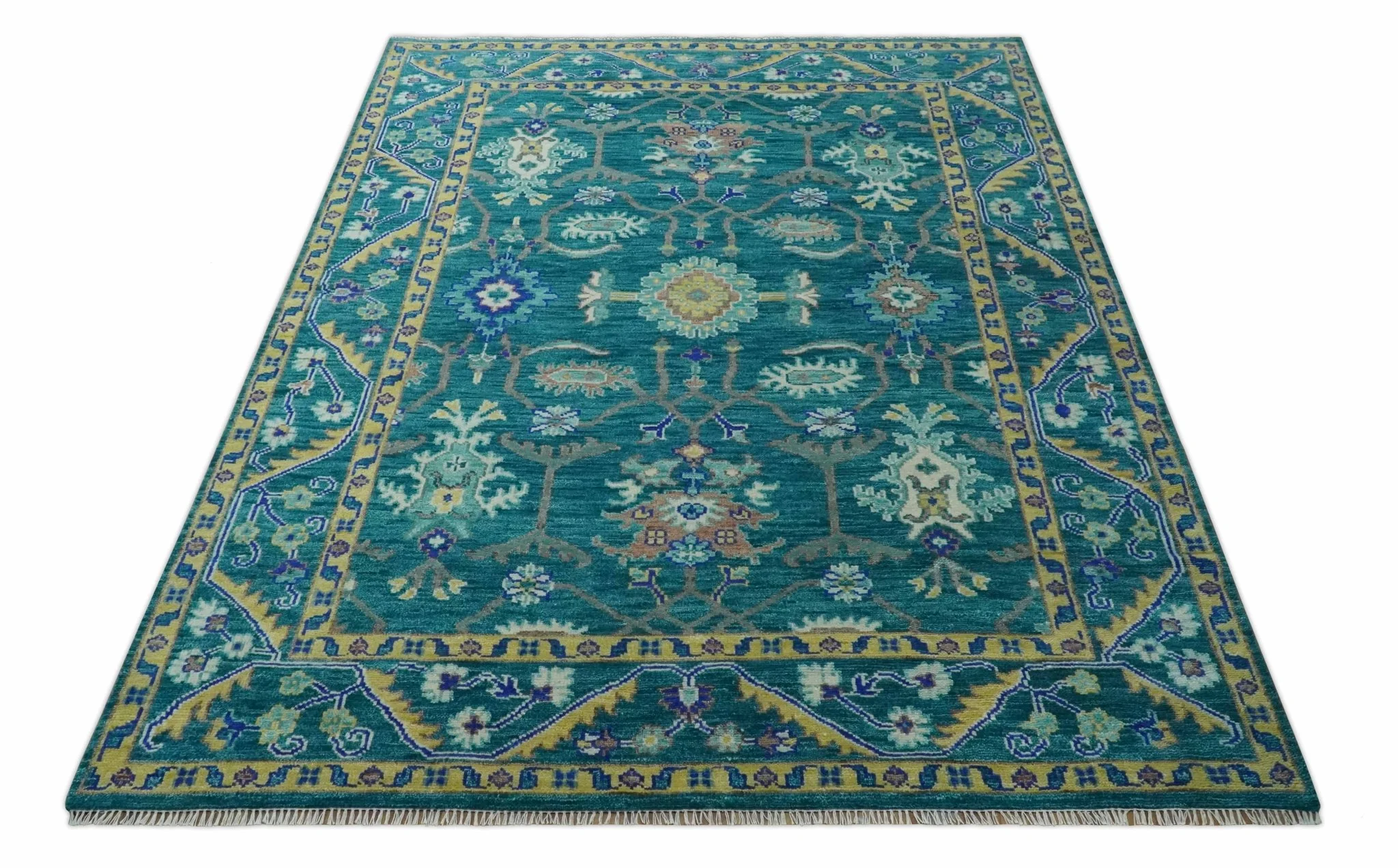 Blue and Mustard Hand knotted Traditional Oriental Oushak 9x12 wool Area Rug - Image 11