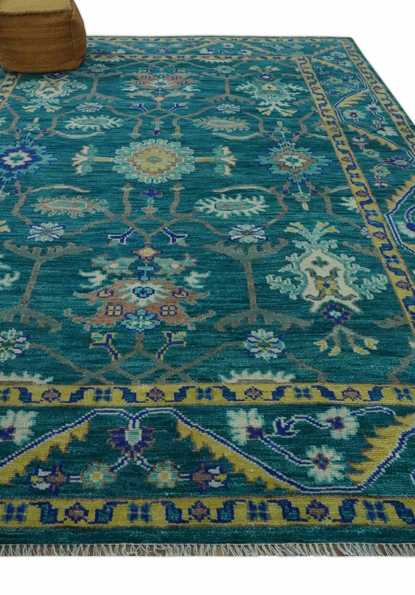 Blue and Mustard Hand knotted Traditional Oriental Oushak 9x12 wool Area Rug - Image 3