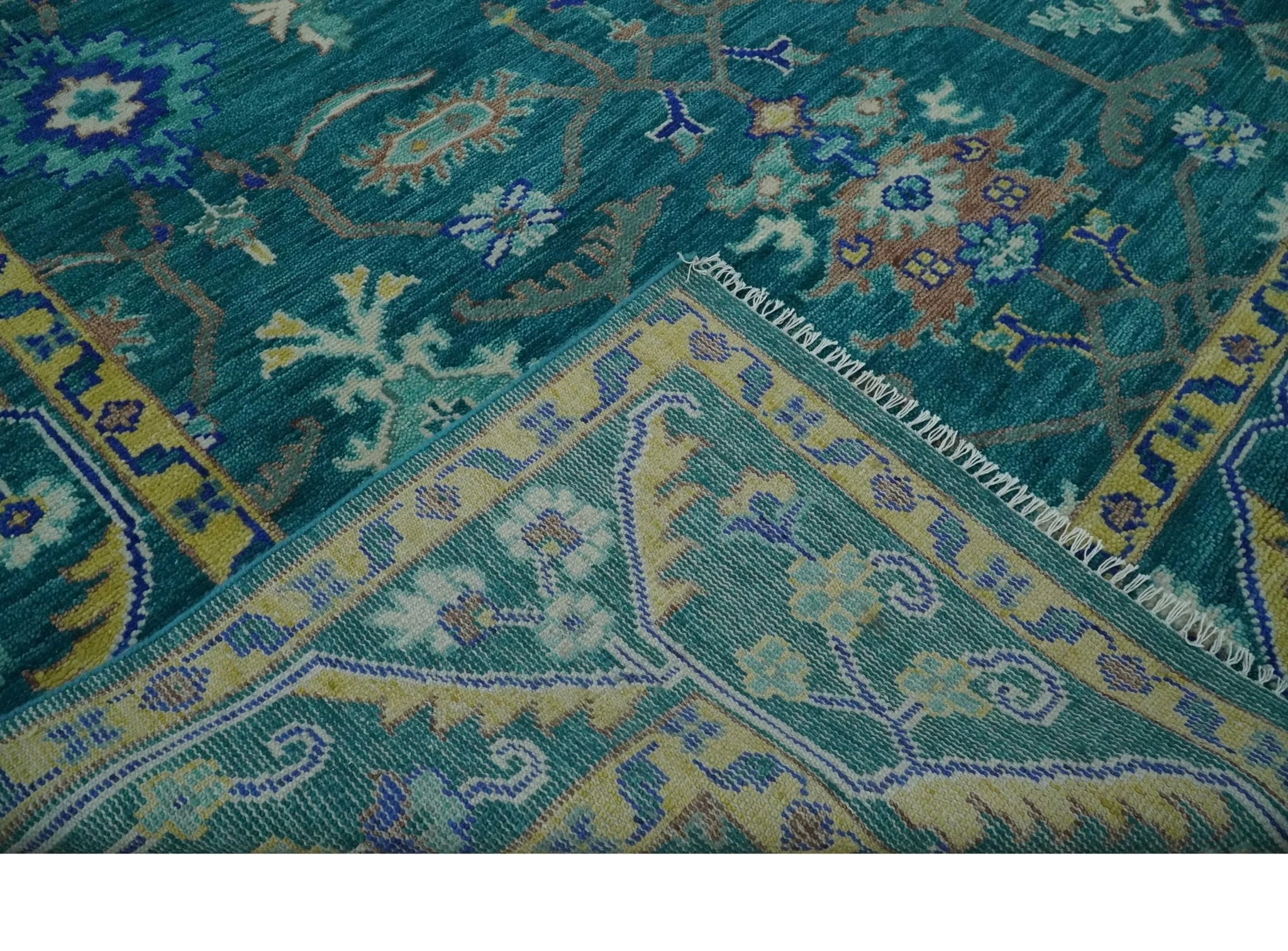 Blue and Mustard Hand knotted Traditional Oriental Oushak 9x12 wool Area Rug - Image 7