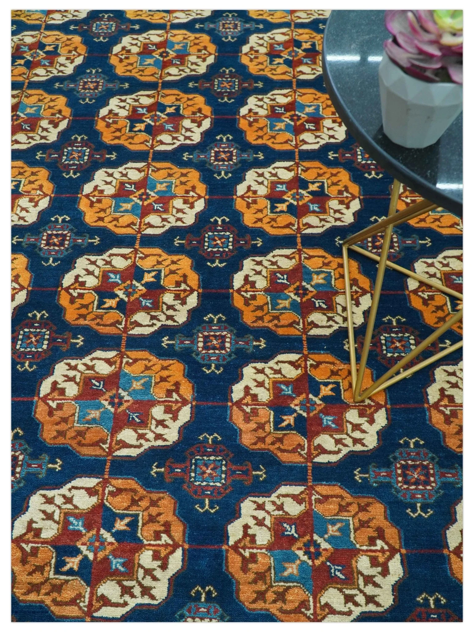 Blue And Mustard Traditional Medallion Design 8x10 Hand Knotted wool Area Rug - Image 10