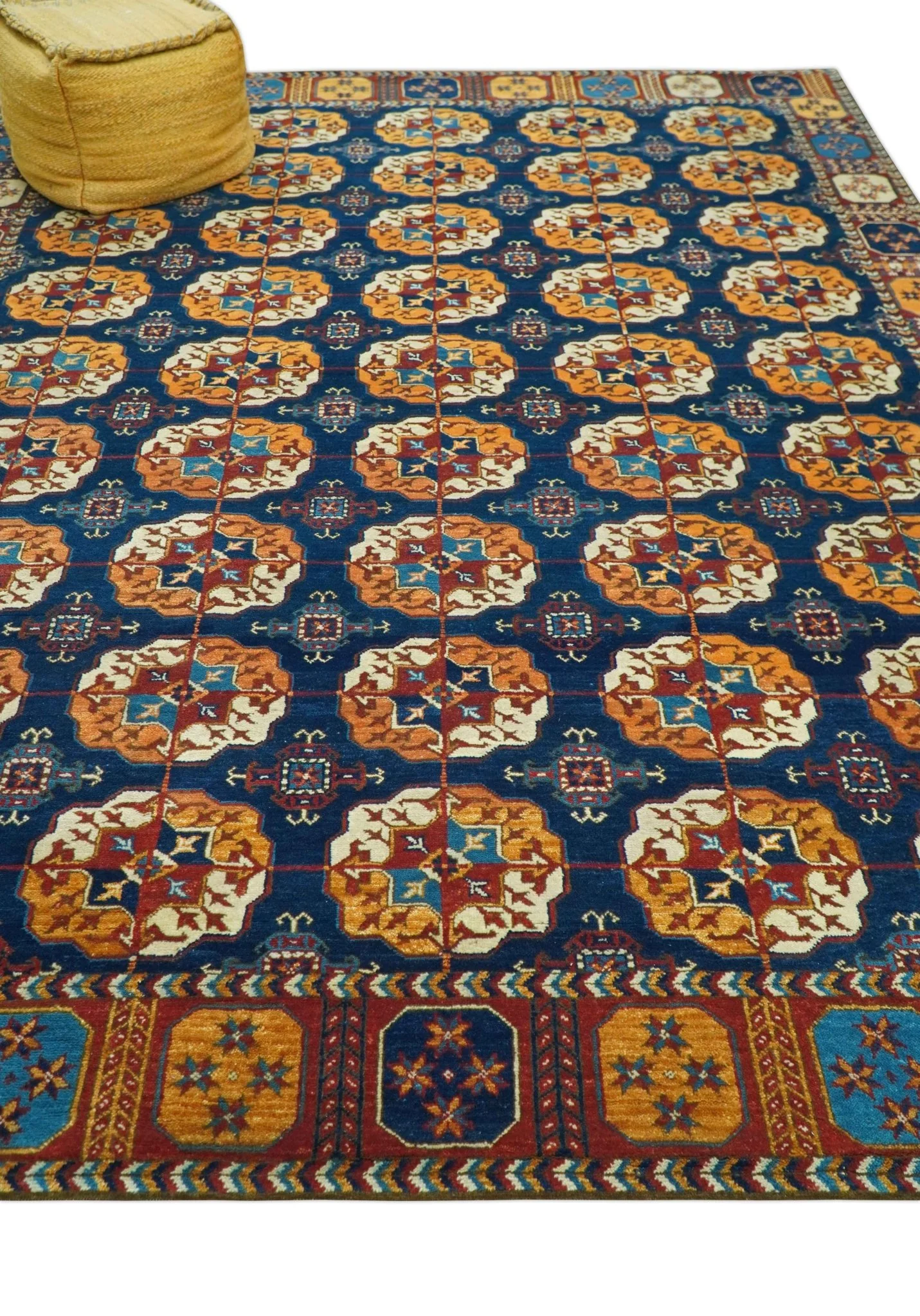 Blue And Mustard Traditional Medallion Design 8x10 Hand Knotted wool Area Rug - Image 11