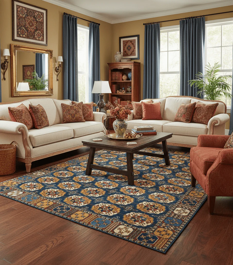 Blue And Mustard Traditional Medallion Design 8x10 Hand Knotted wool Area Rug - Image 2