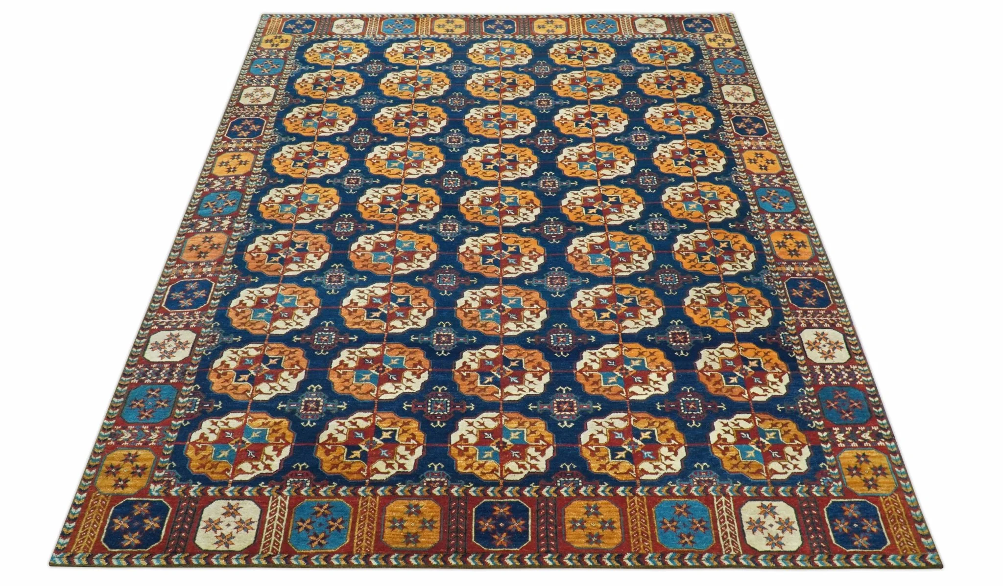 Blue And Mustard Traditional Medallion Design 8x10 Hand Knotted wool Area Rug - Image 3
