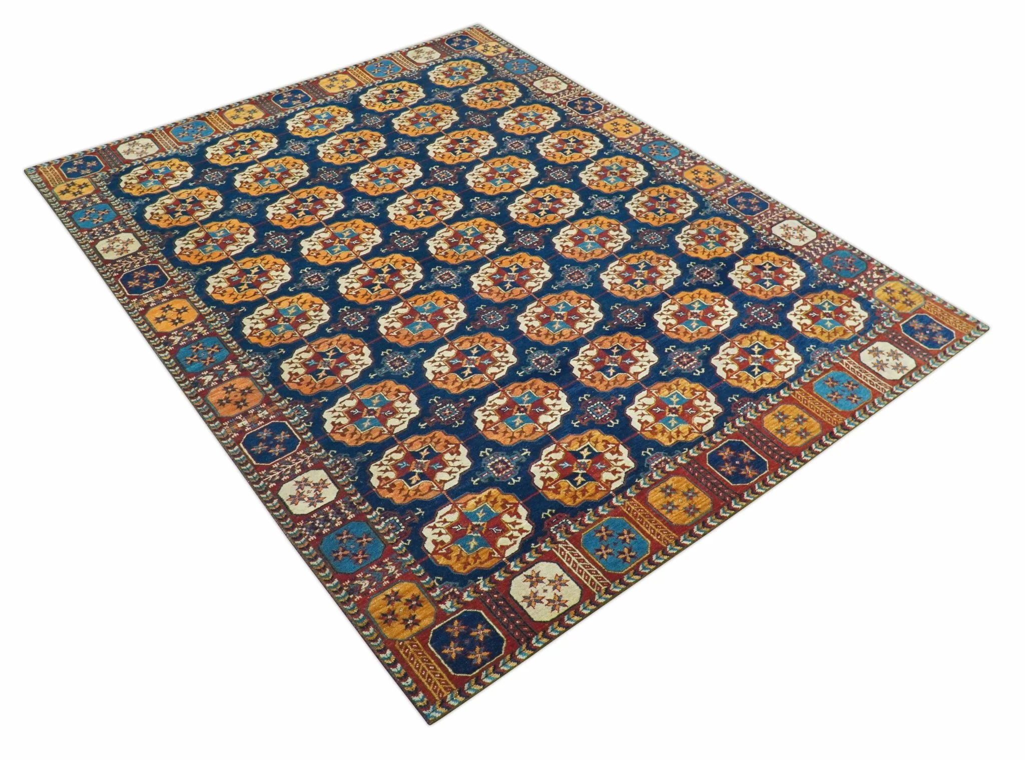 Blue And Mustard Traditional Medallion Design 8x10 Hand Knotted wool Area Rug - Image 4