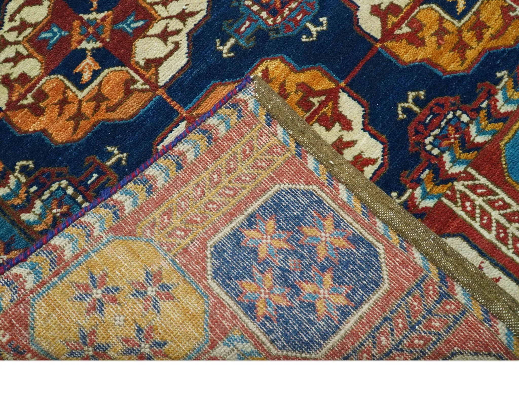 Blue And Mustard Traditional Medallion Design 8x10 Hand Knotted wool Area Rug - Image 5