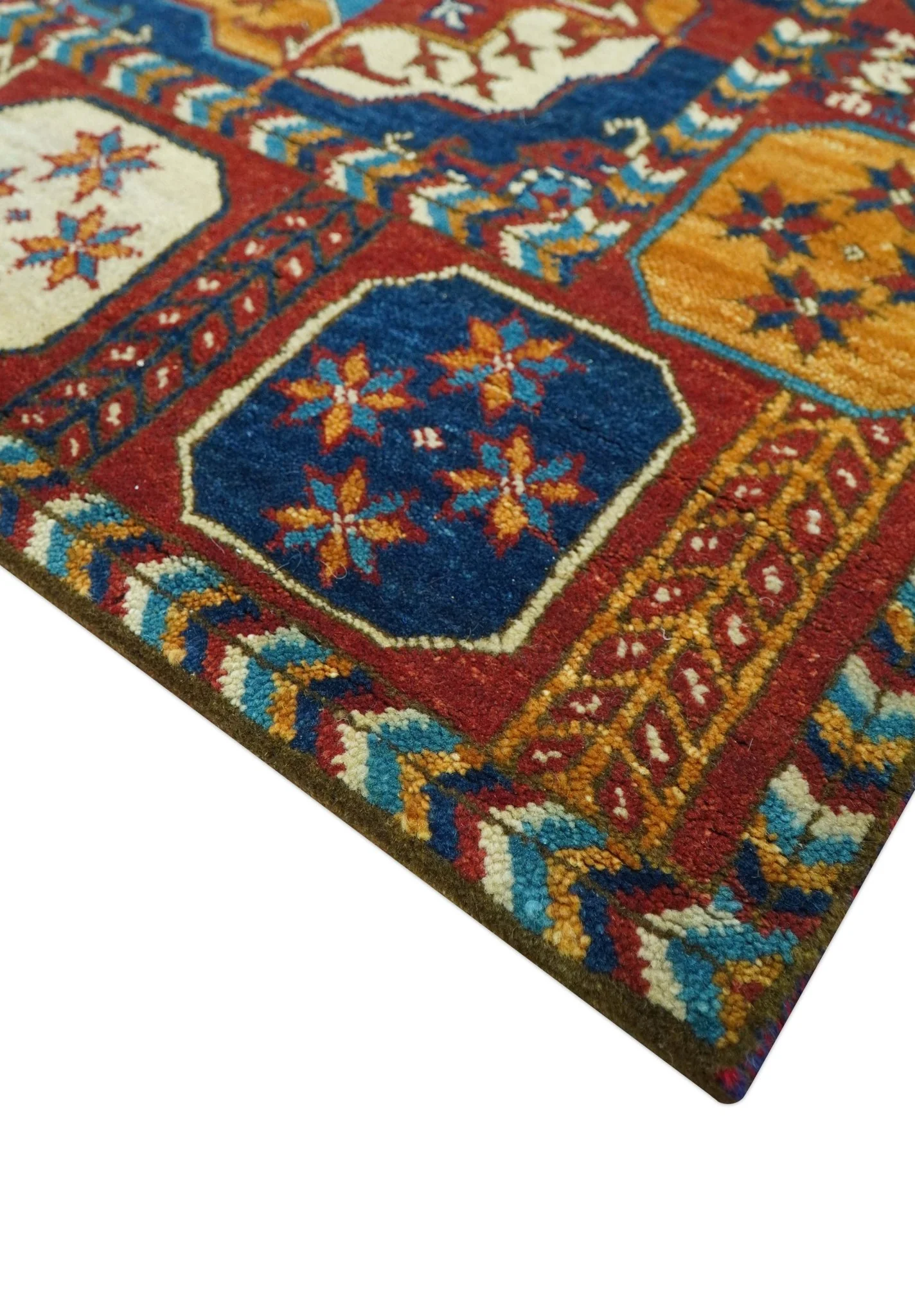 Blue And Mustard Traditional Medallion Design 8x10 Hand Knotted wool Area Rug - Image 6
