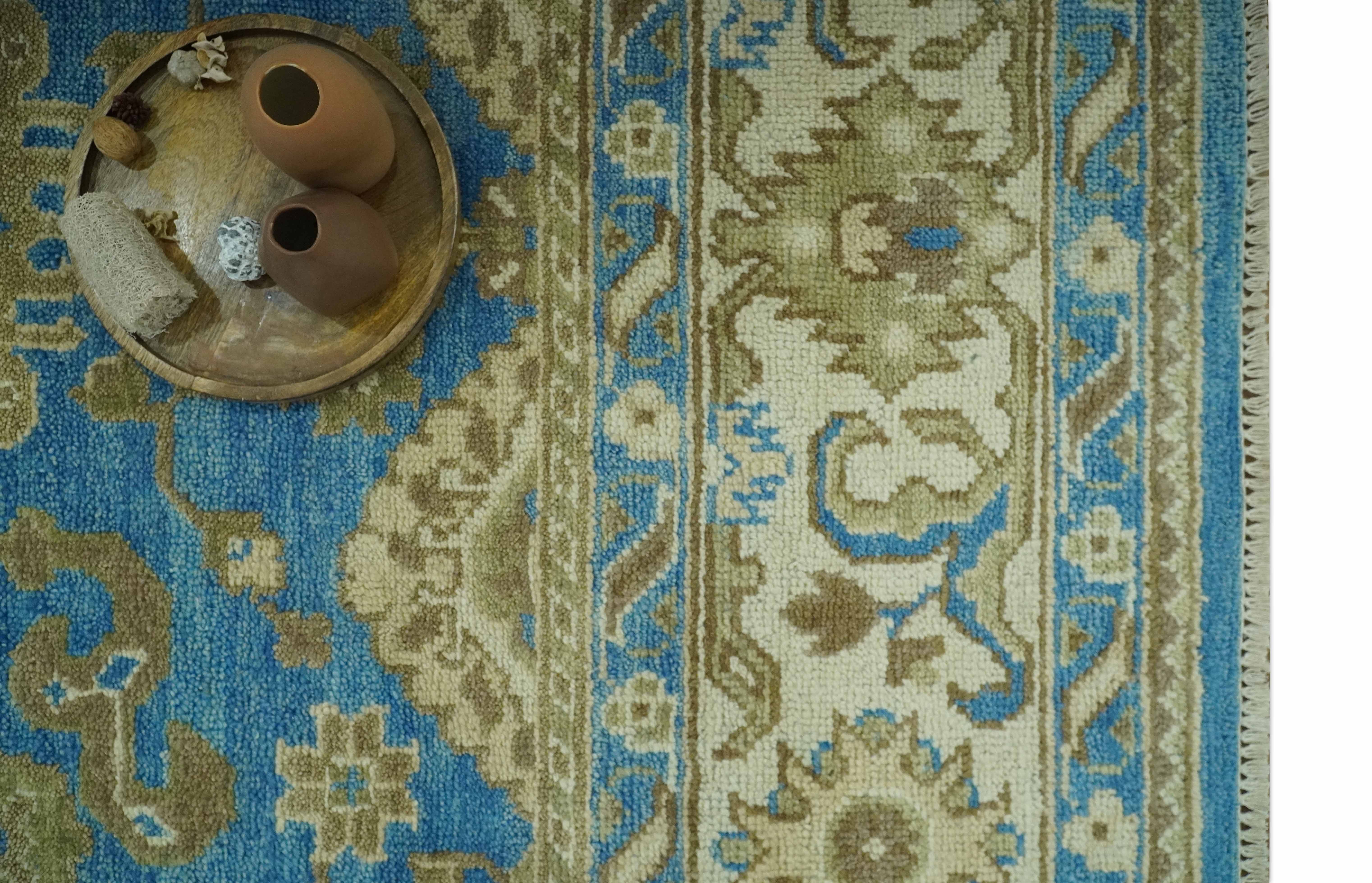 Antique design 8x10 Blue and Olive Traditional Oriental Oushak wool area rug - Image 10