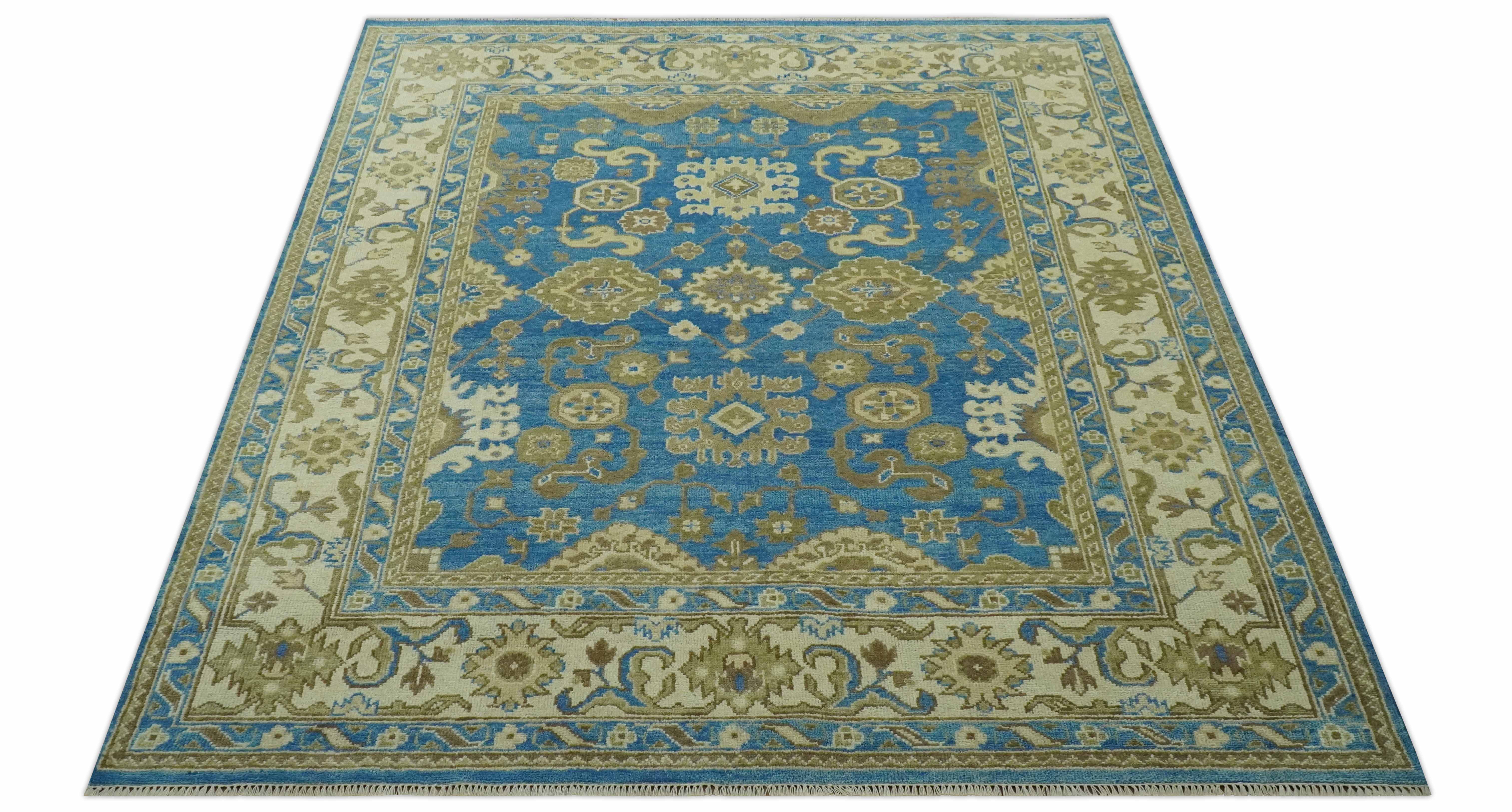 Antique design 8x10 Blue and Olive Traditional Oriental Oushak wool area rug - Image 12