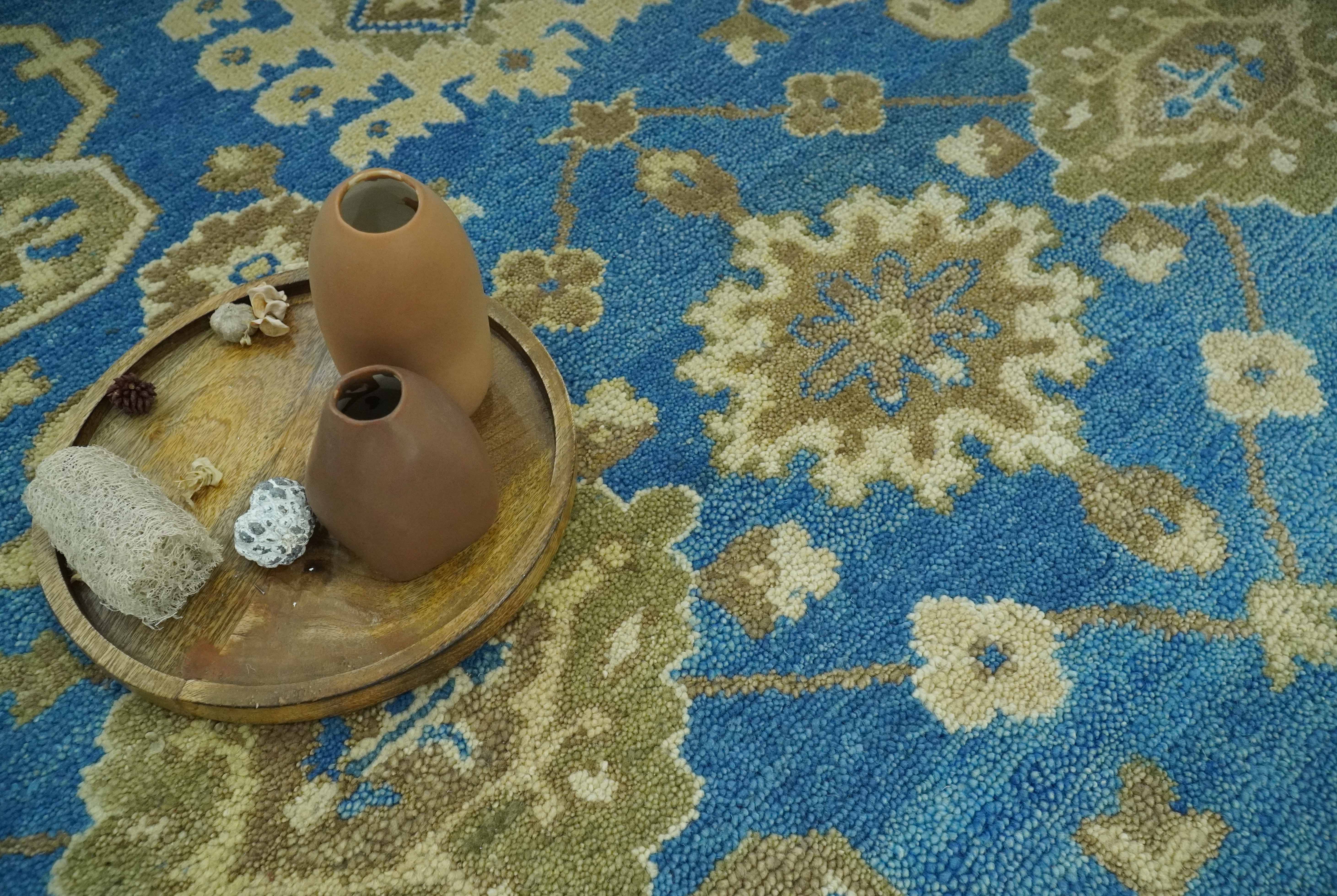 Antique design 8x10 Blue and Olive Traditional Oriental Oushak wool area rug - Image 2