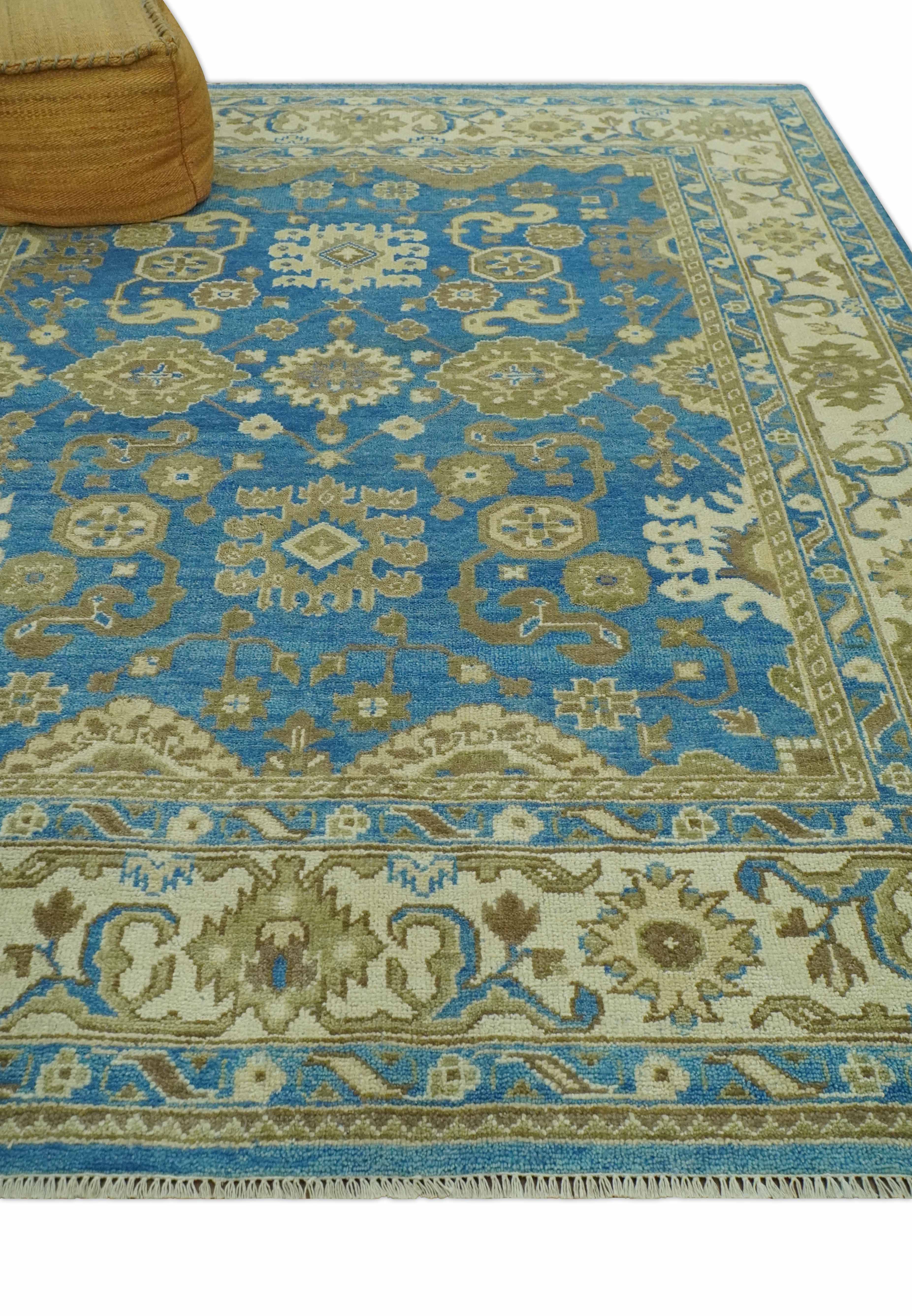 Antique design 8x10 Blue and Olive Traditional Oriental Oushak wool area rug - Image 4