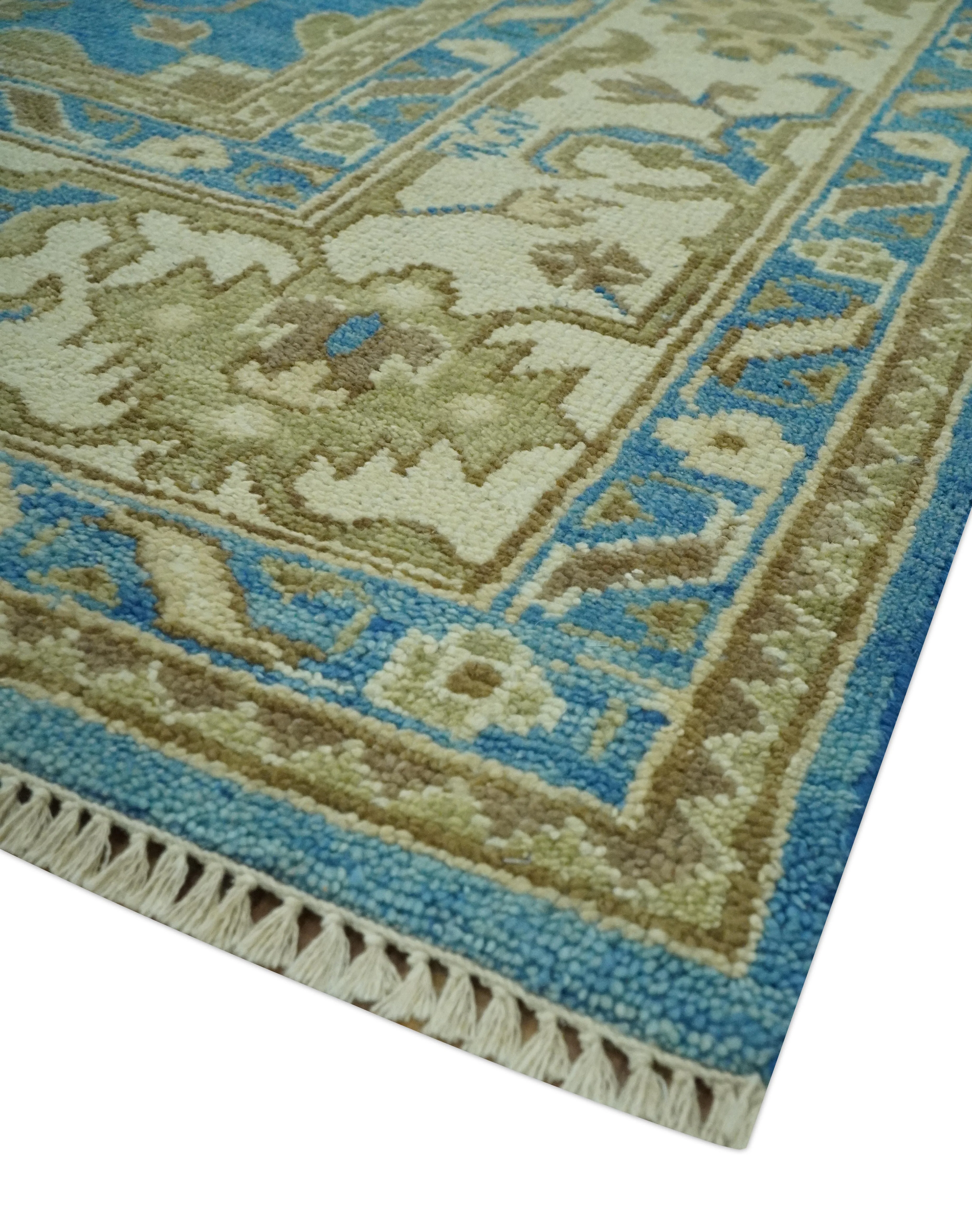 Antique design 8x10 Blue and Olive Traditional Oriental Oushak wool area rug - Image 6