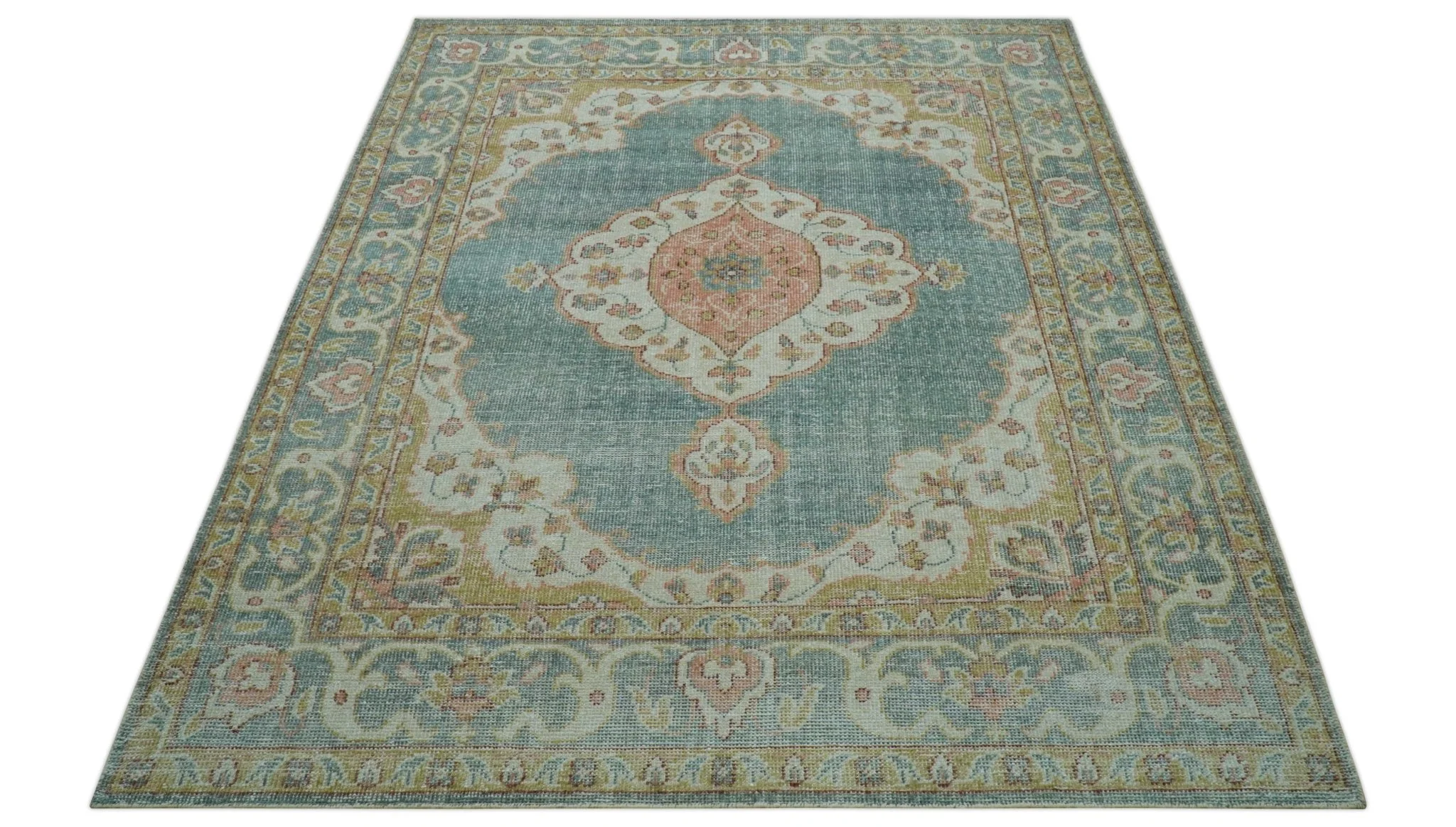 Blue And Peach Traditional Turkish Design Hand Knotted 8x10 Wool Area Rug - Image 10