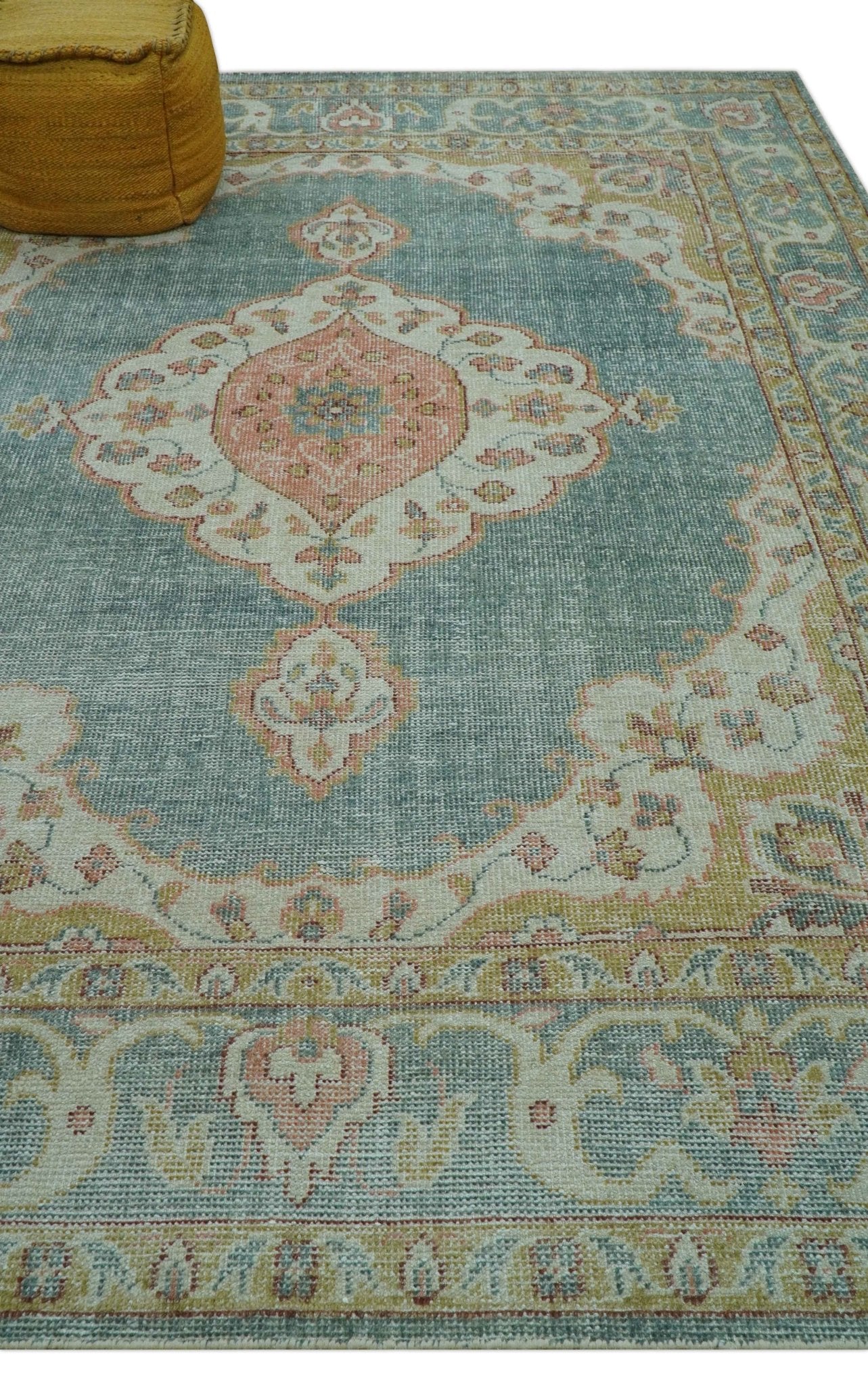 Blue And Peach Traditional Turkish Design Hand Knotted 8x10 Wool Area Rug - Image 9