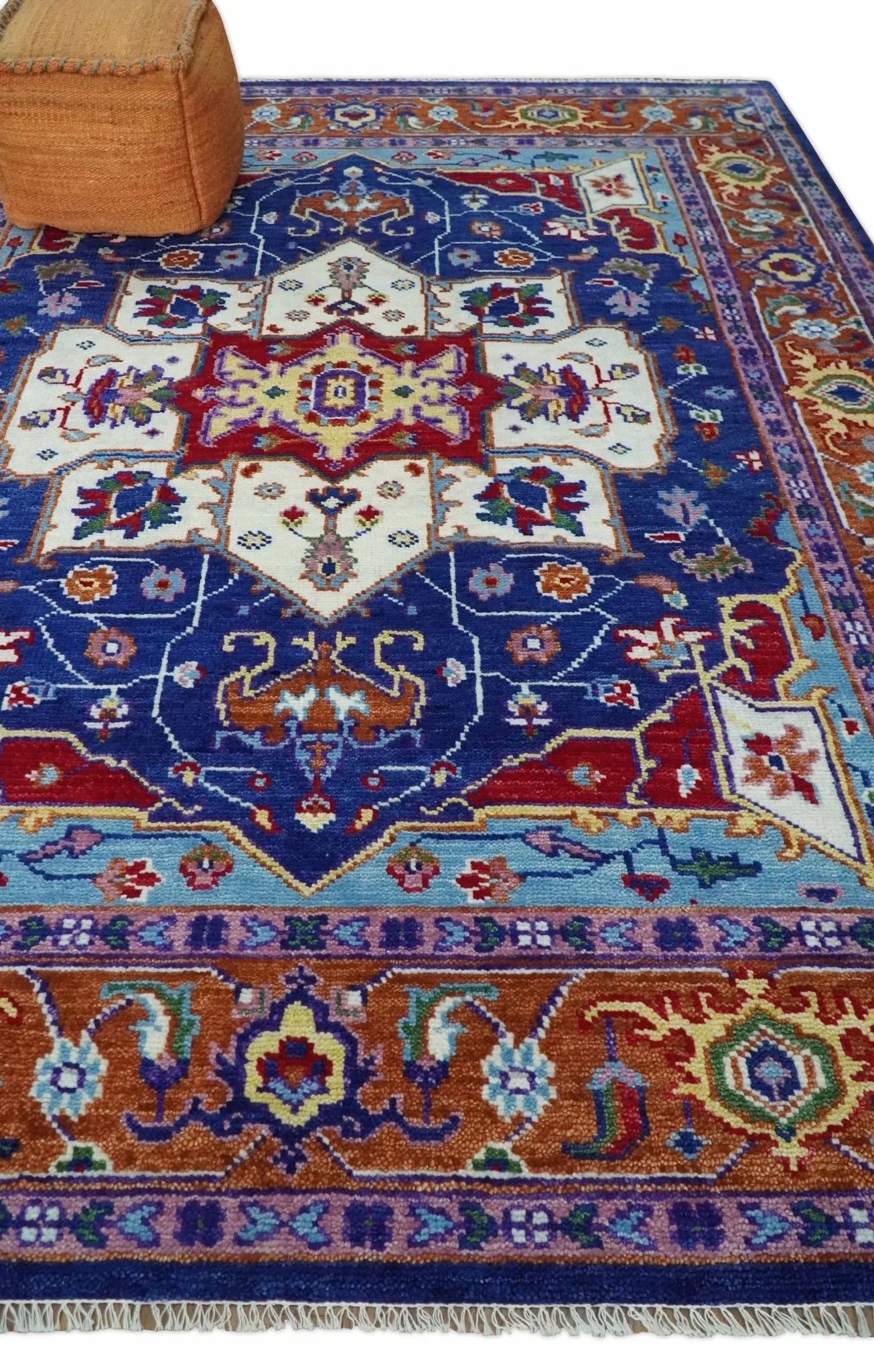 Maroon, Ivory, Blue and Rust Hand Knotted Traditional Heriz Multi Size wool Area Rug - Image 3
