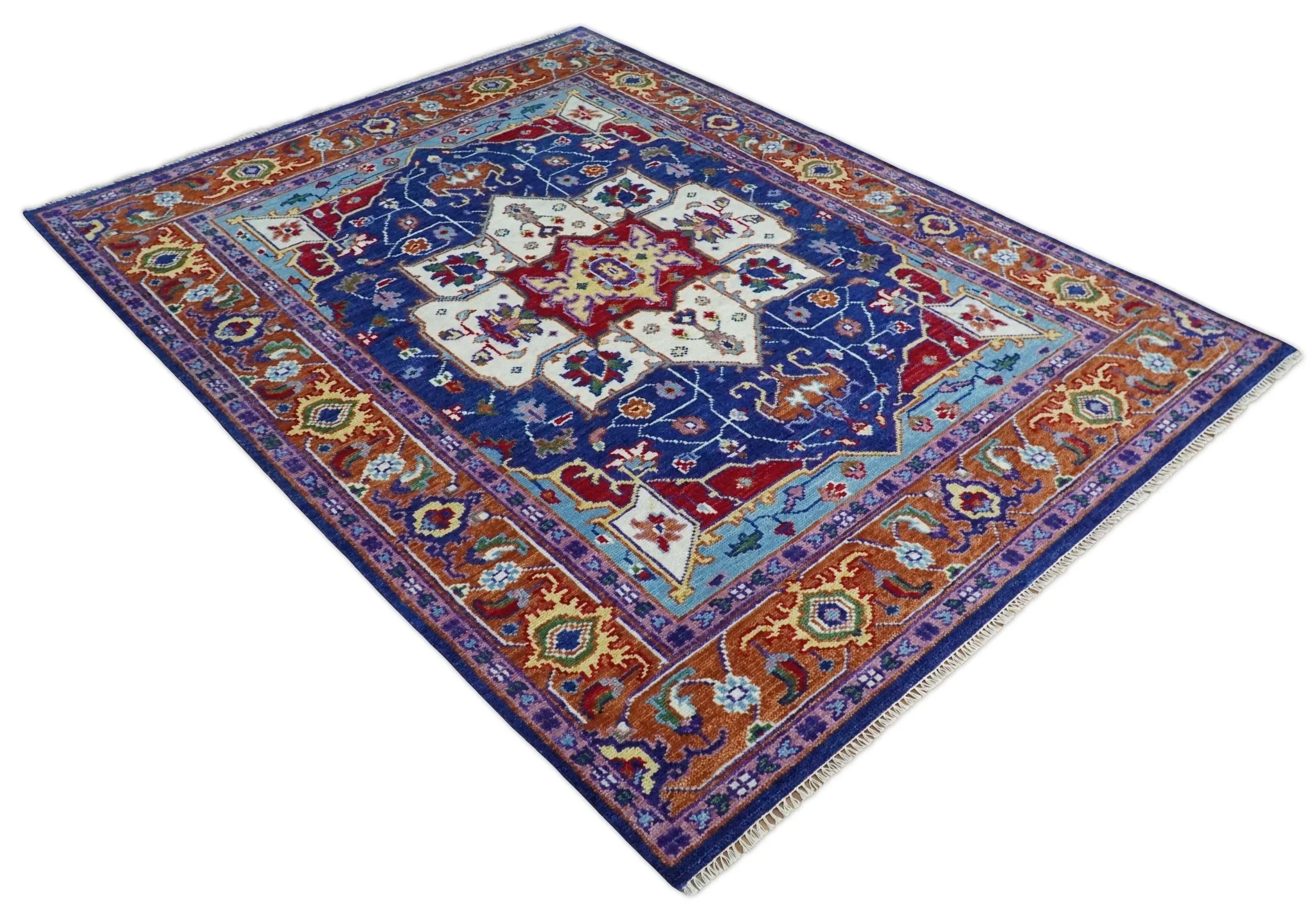 Maroon, Ivory, Blue and Rust Hand Knotted Traditional Heriz Multi Size wool Area Rug - Image 4