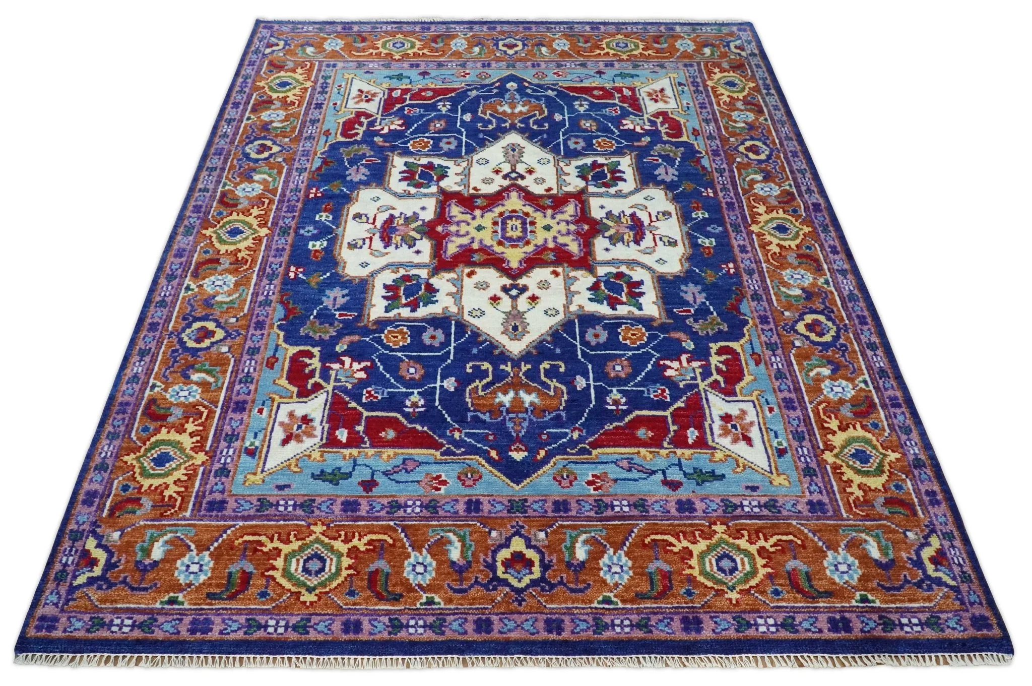 Maroon, Ivory, Blue and Rust Hand Knotted Traditional Heriz Multi Size wool Area Rug - Image 5