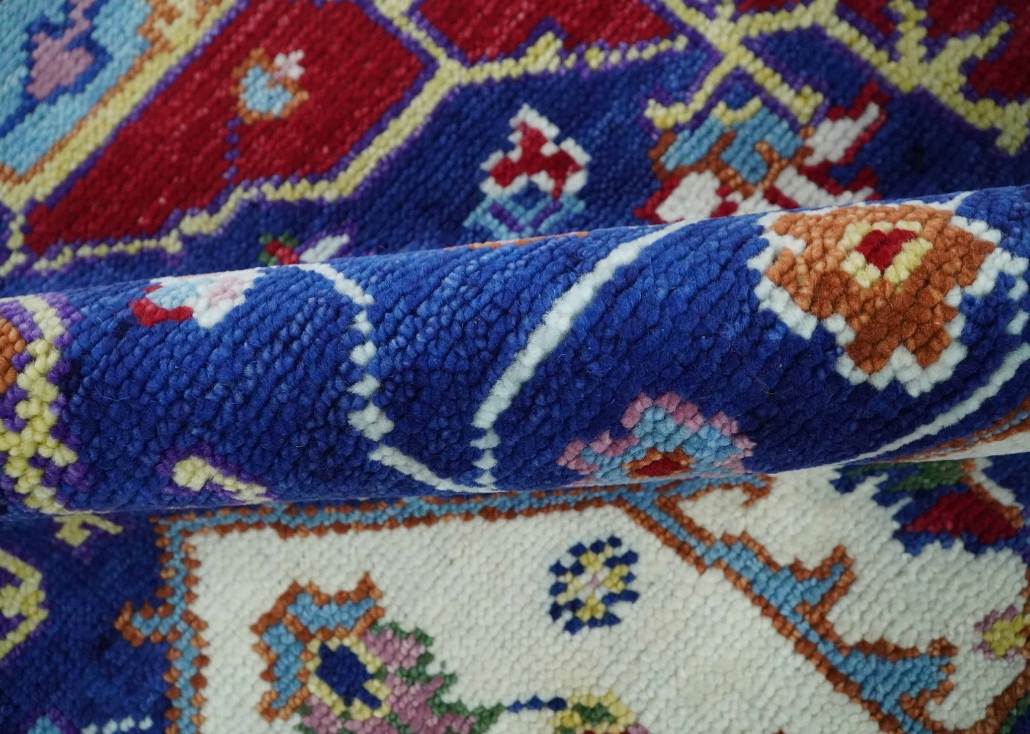 Maroon, Ivory, Blue and Rust Hand Knotted Traditional Heriz Multi Size wool Area Rug - Image 6