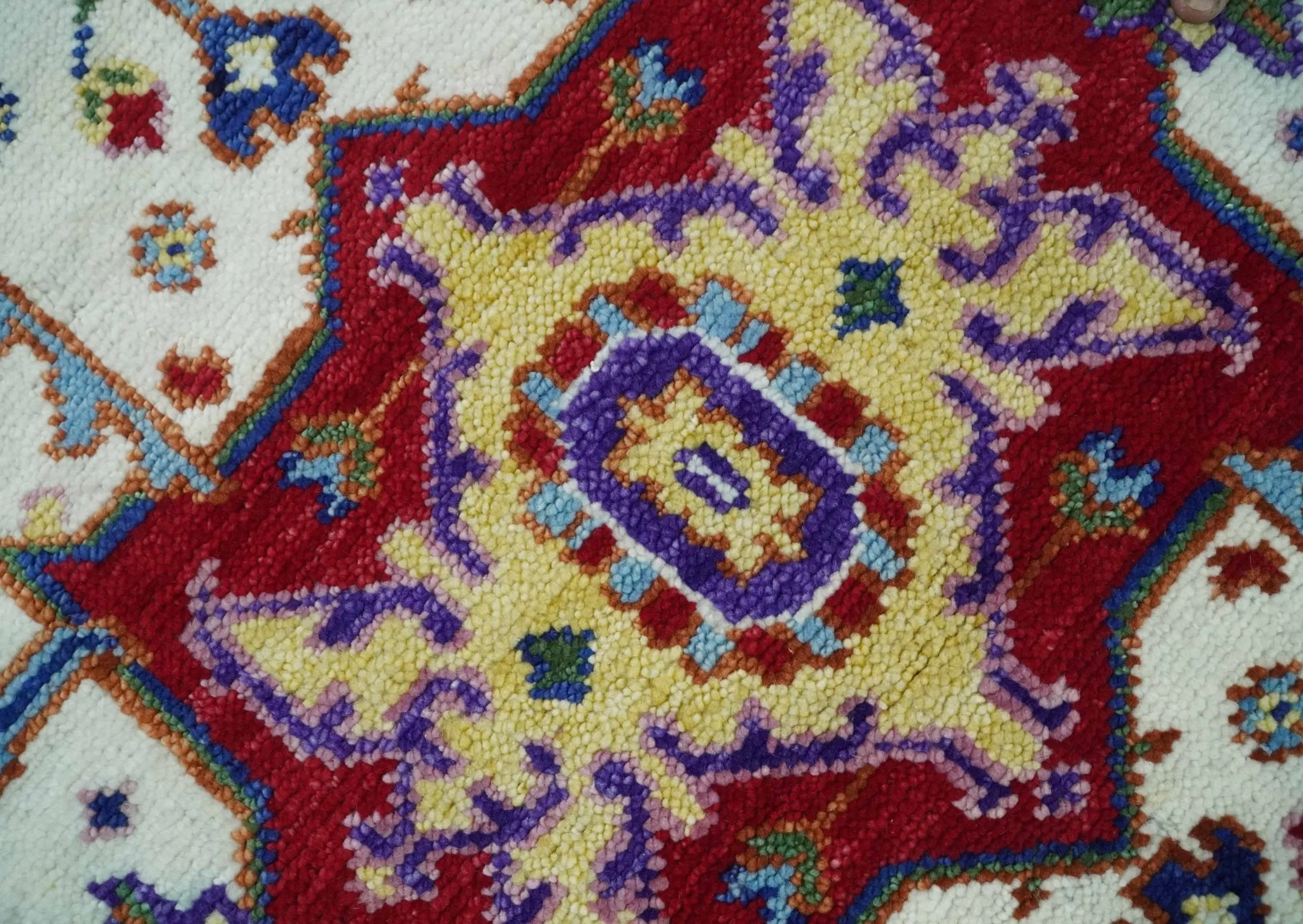 Maroon, Ivory, Blue and Rust Hand Knotted Traditional Heriz Multi Size wool Area Rug - Image 7