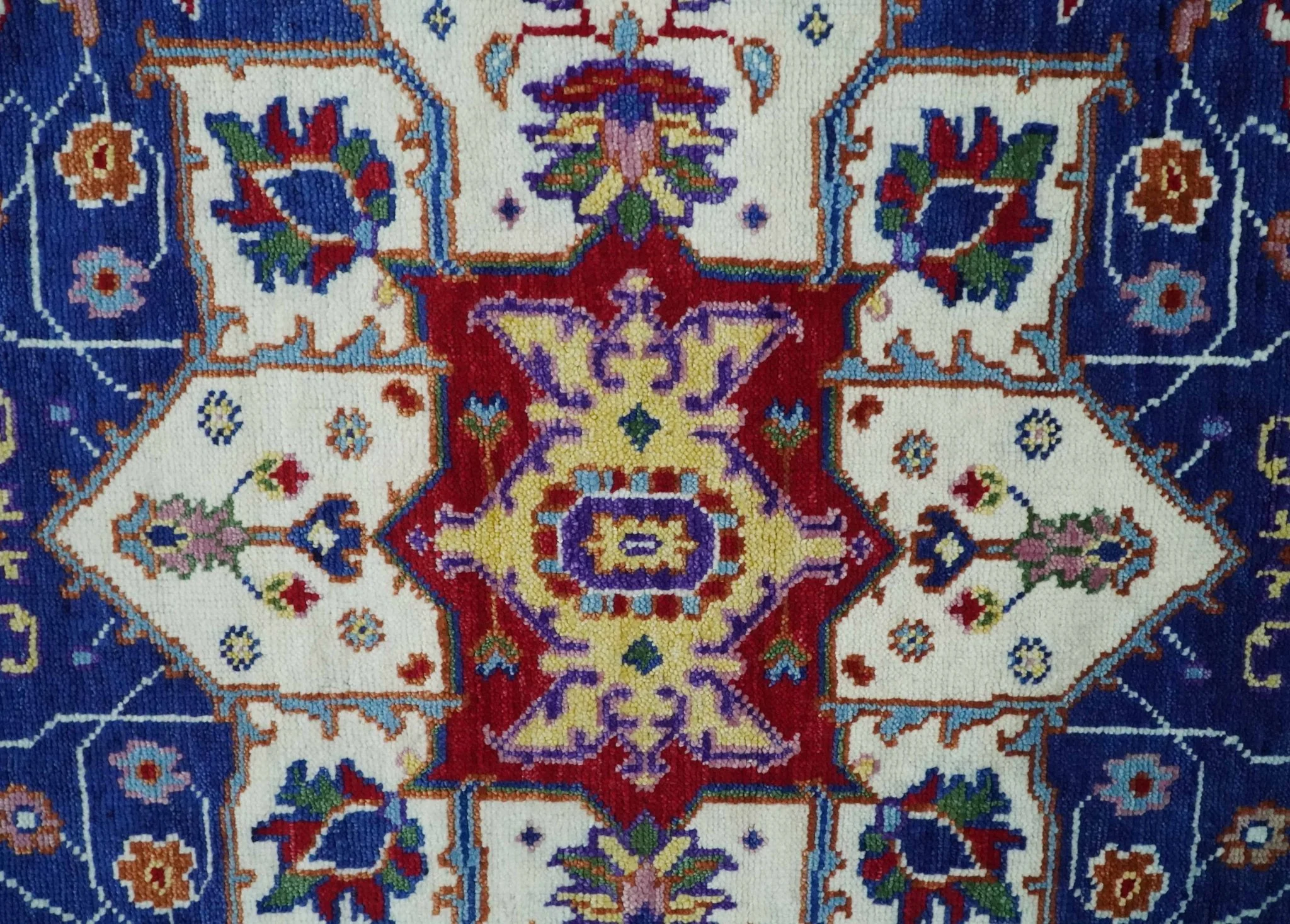 Maroon, Ivory, Blue and Rust Hand Knotted Traditional Heriz Multi Size wool Area Rug - Image 8