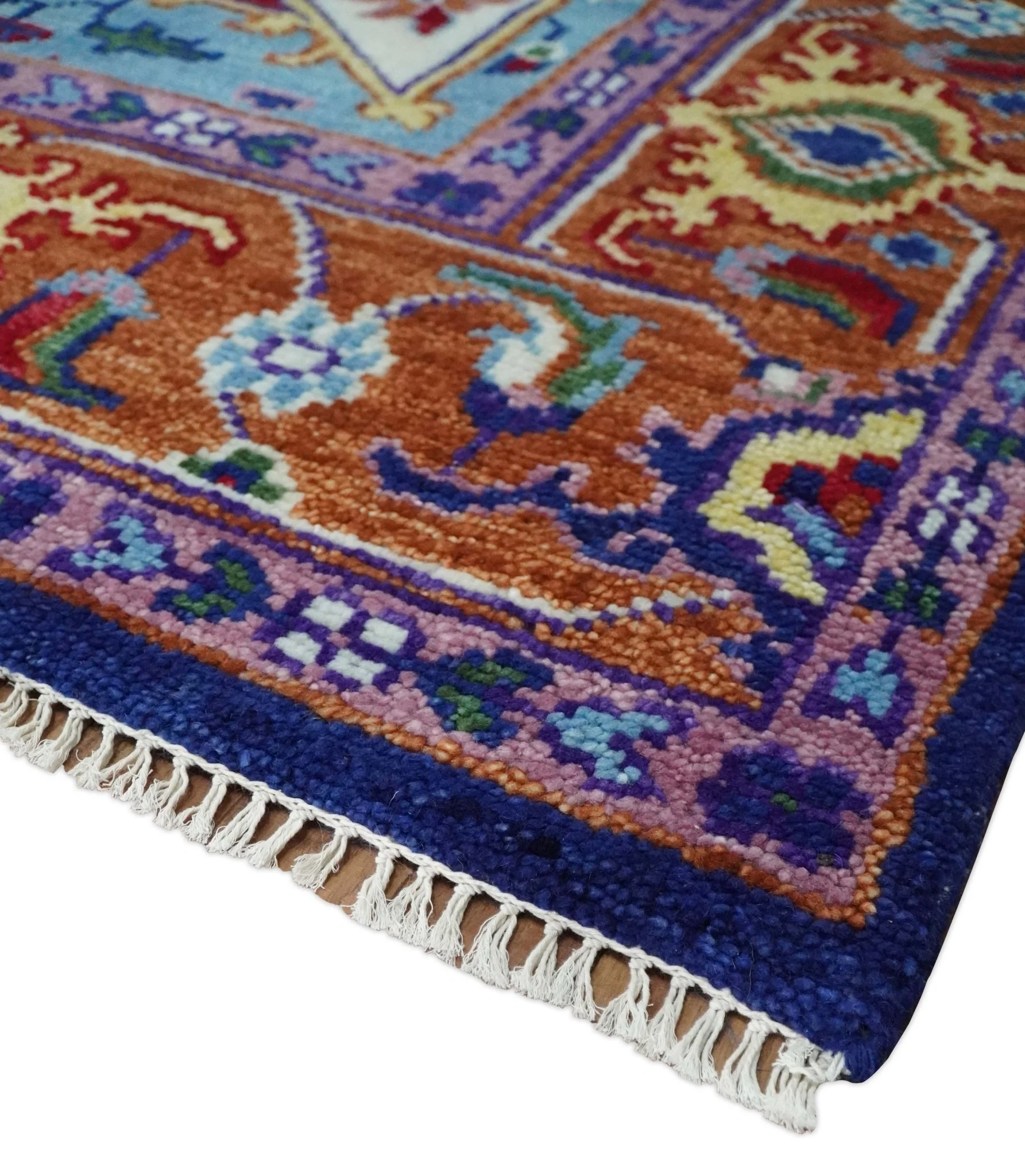 Maroon, Ivory, Blue and Rust Hand Knotted Traditional Heriz Multi Size wool Area Rug - Image 9