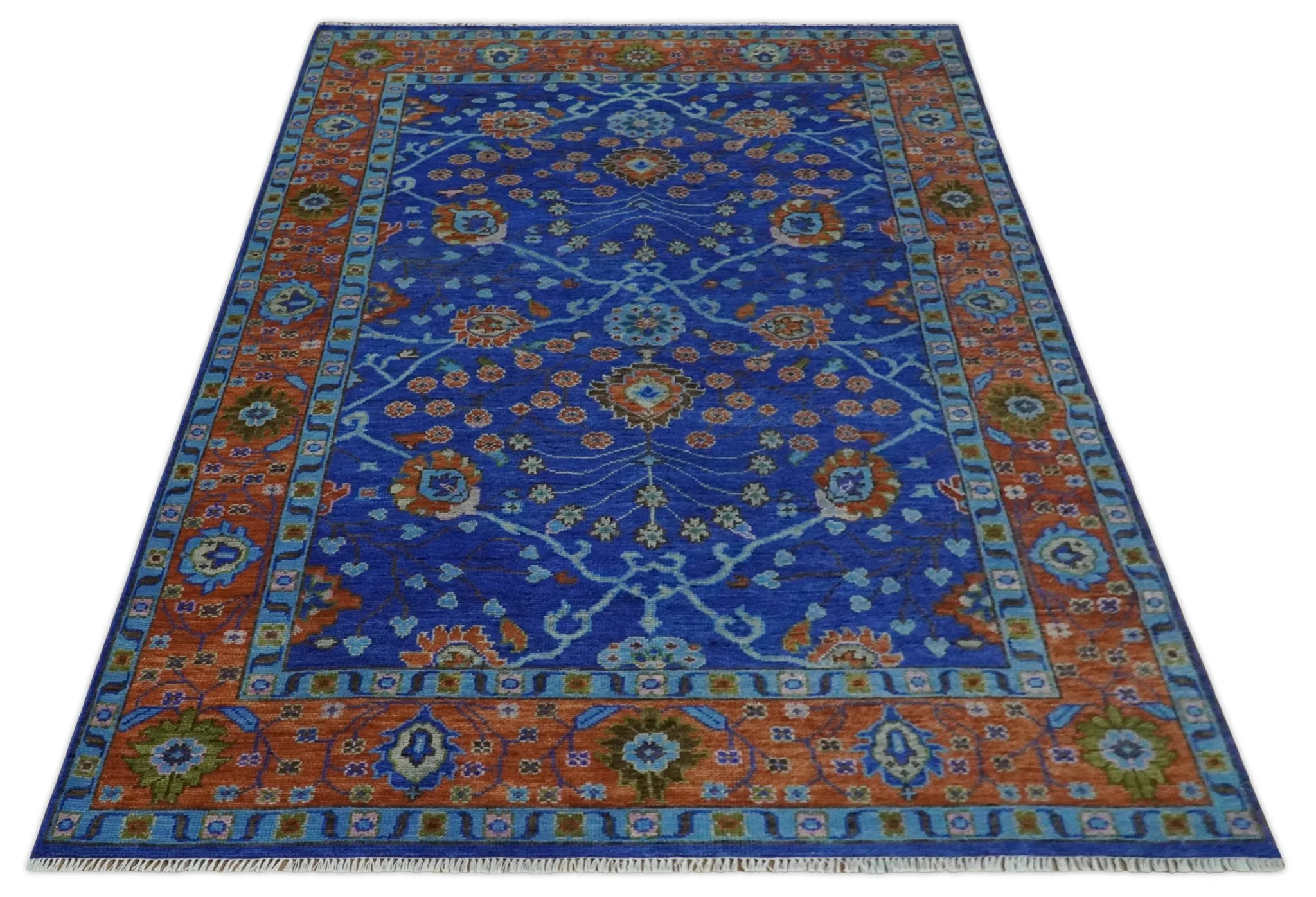 Blue and Rust Hand Knotted Traditional Floral Oushak Multi Size Wool Area Rug - Image 10