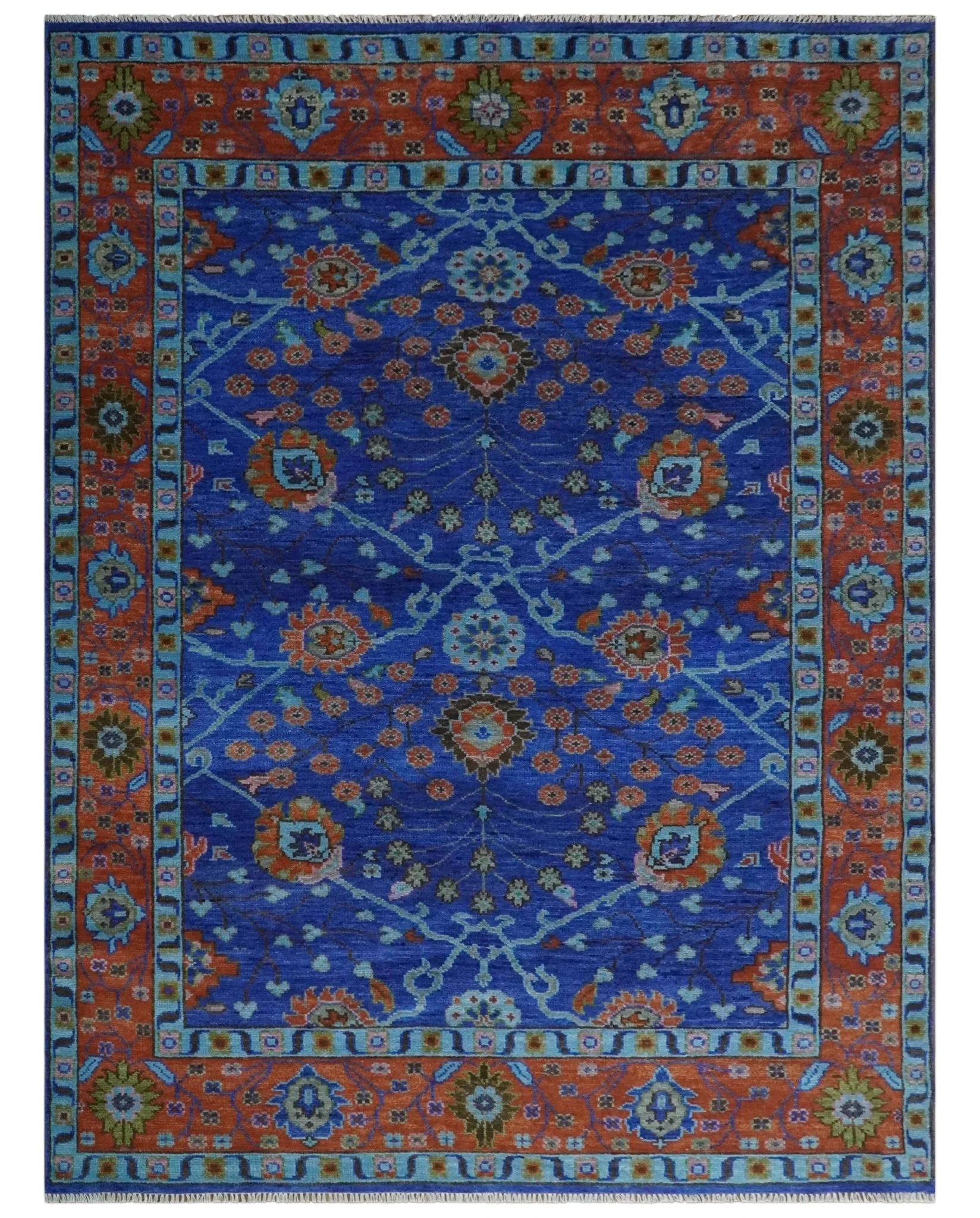 Blue and Rust Hand Knotted Traditional Floral Oushak Multi Size Wool Area Rug - Image 11