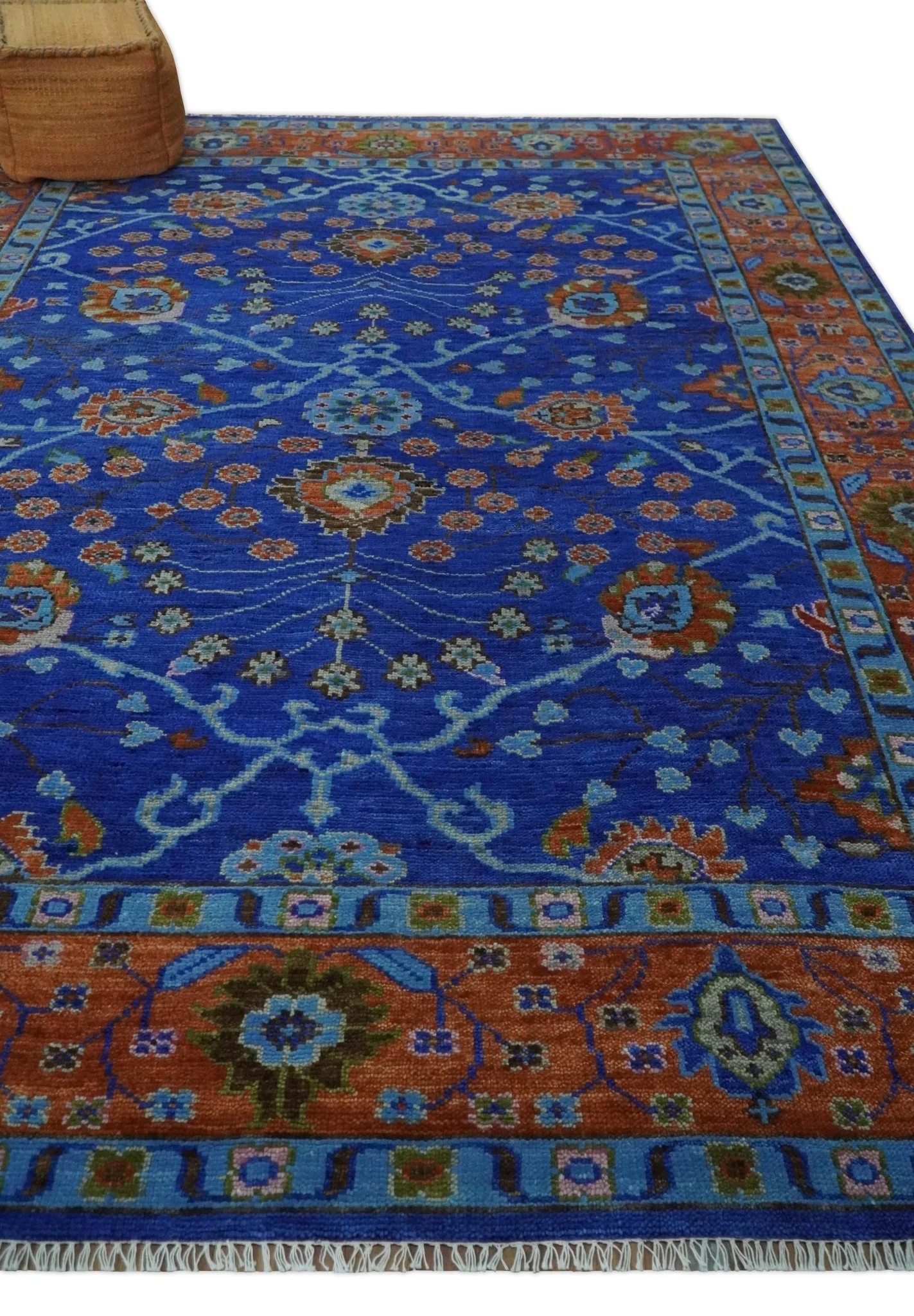 Blue and Rust Hand Knotted Traditional Floral Oushak Multi Size Wool Area Rug - Image 3
