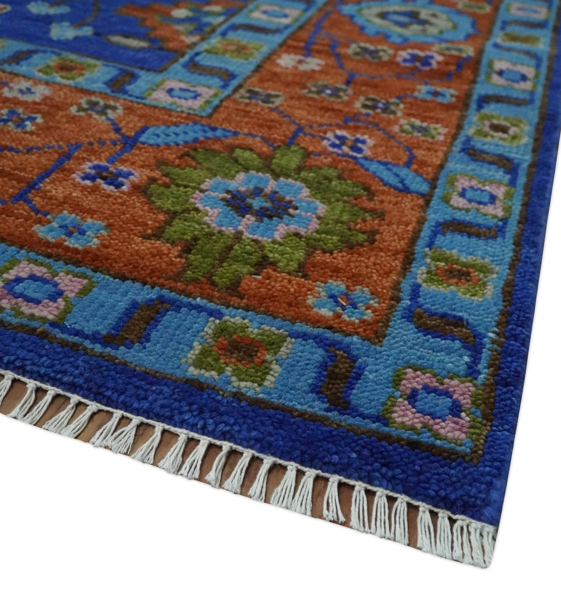 Blue and Rust Hand Knotted Traditional Floral Oushak Multi Size Wool Area Rug - Image 5