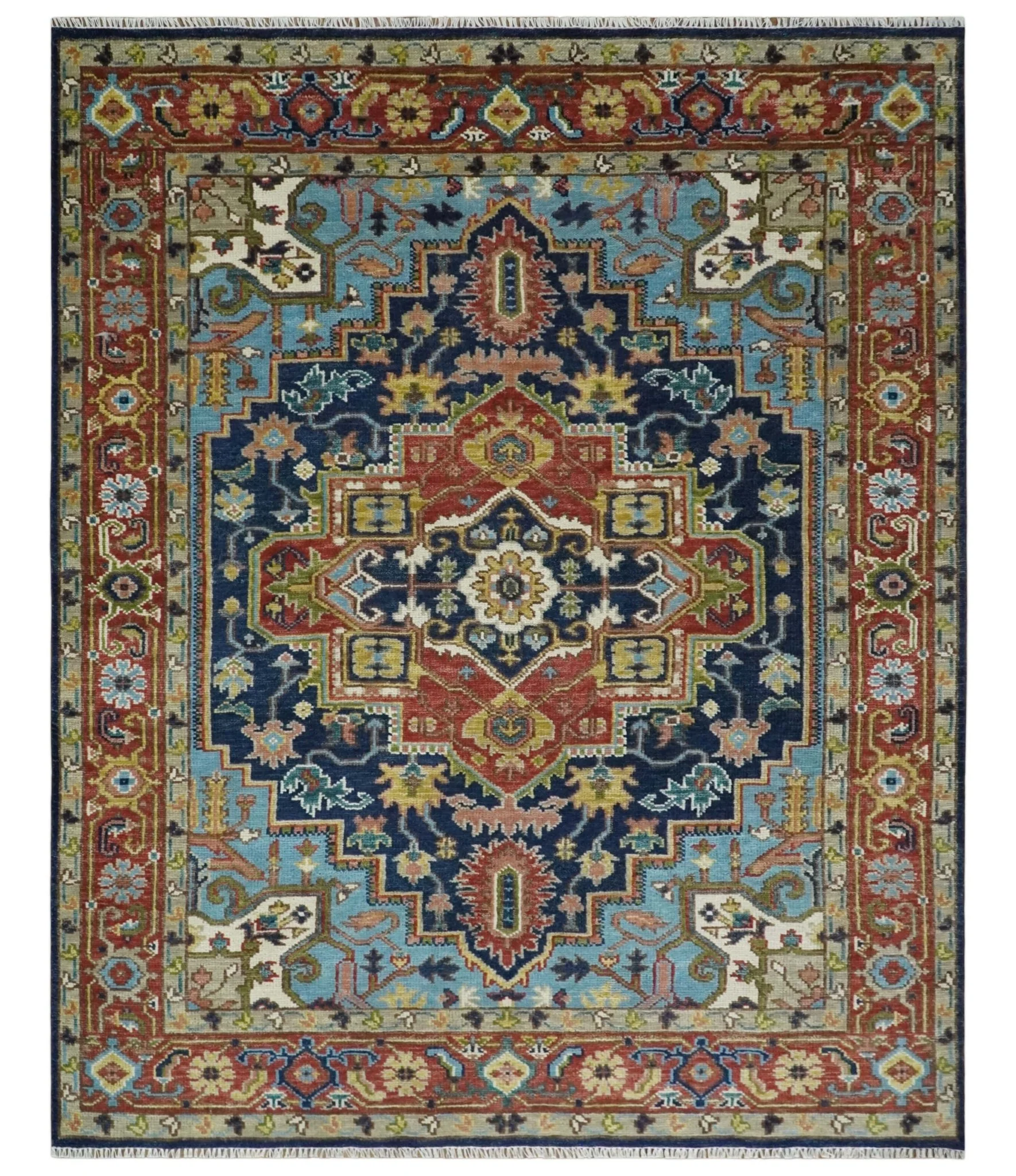 Blue and Rust Hand Knotted 8x10, 9x12, 10x14 and 12x15 Wool Antique Area Rug - Image 10