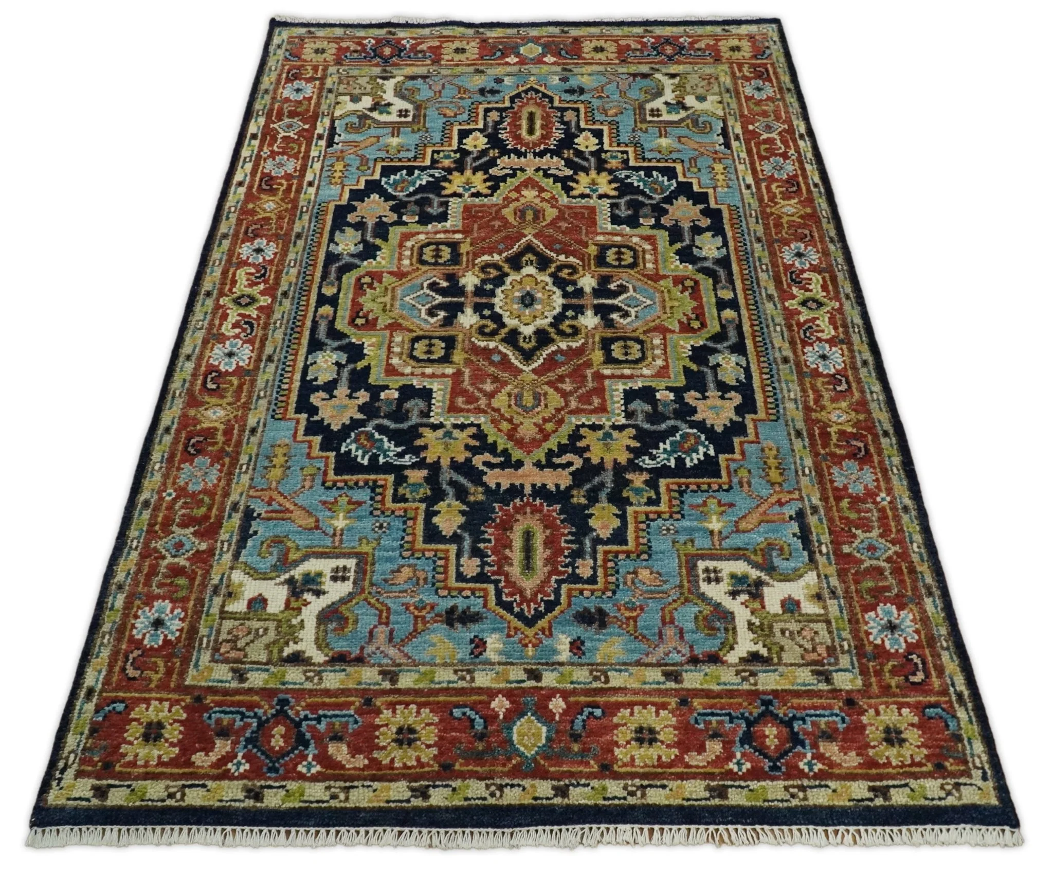 Blue and Rust Hand Knotted 8x10, 9x12, 10x14 and 12x15 Wool Antique Area Rug - Image 9