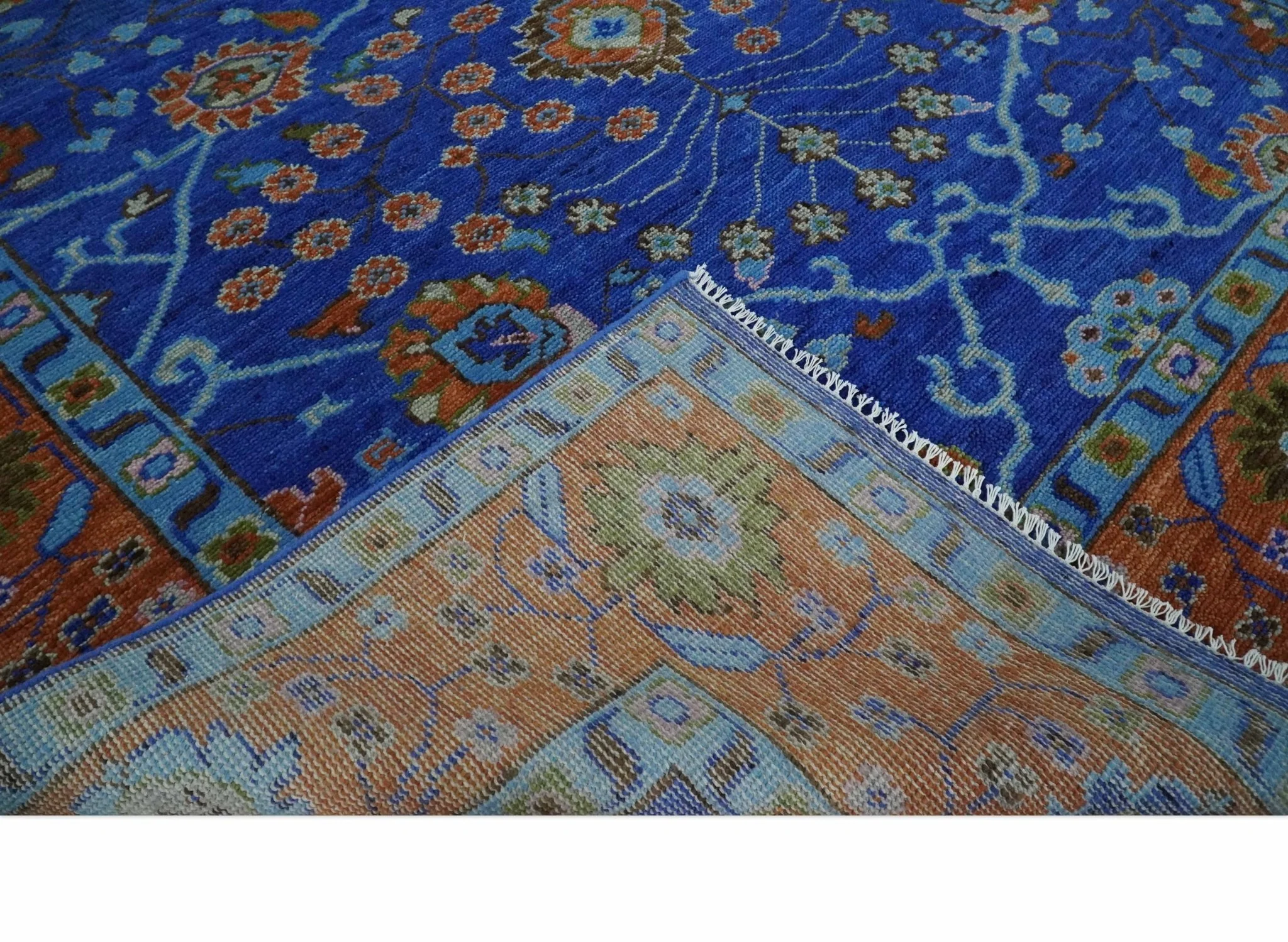 Blue and Rust Hand Knotted Traditional Floral Oushak 8.9x12.1 Wool Area Rug - Image 6