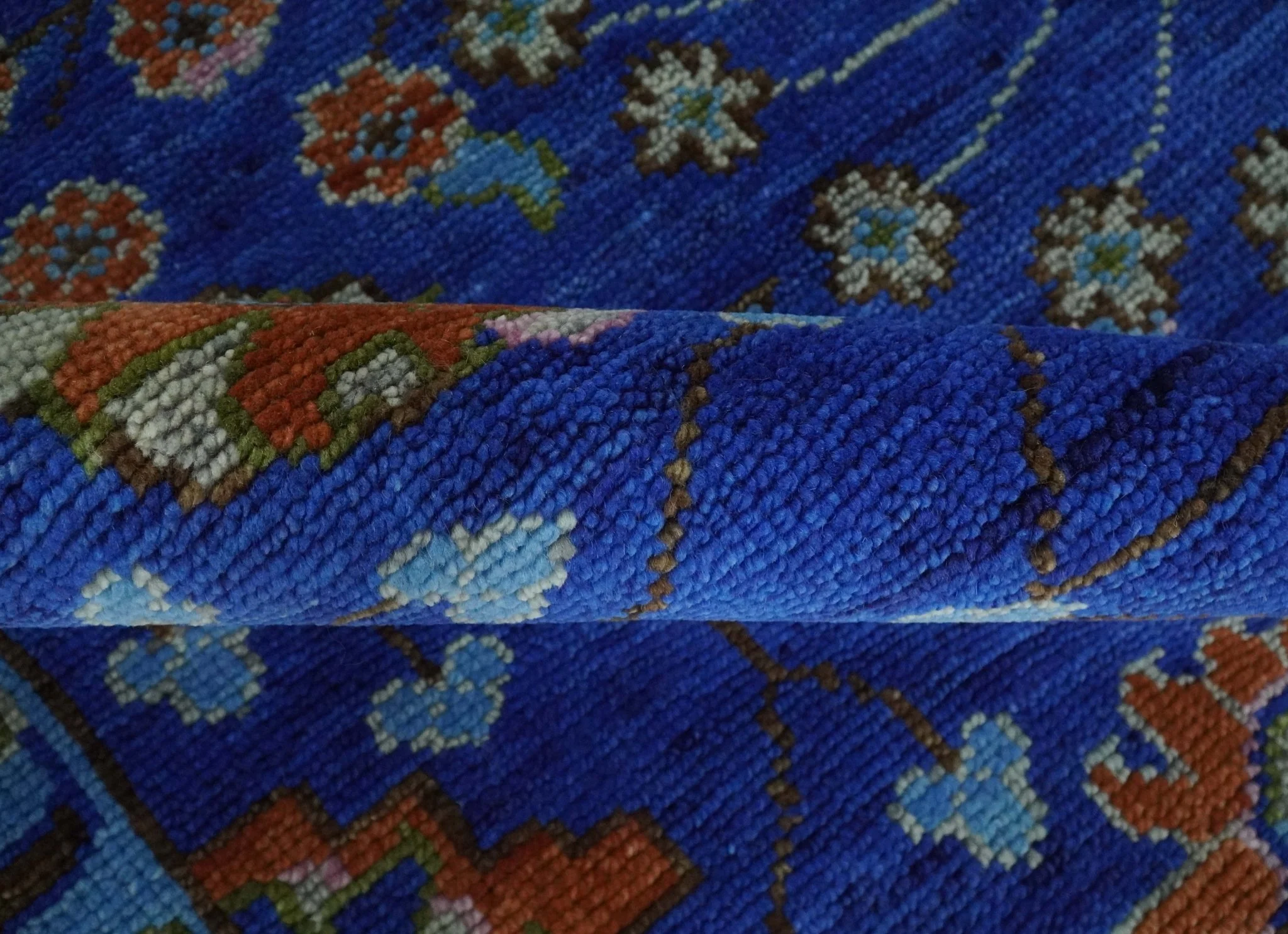 Blue and Rust Hand Knotted Traditional Floral Oushak 8.9x12.1 Wool Area Rug - Image 8