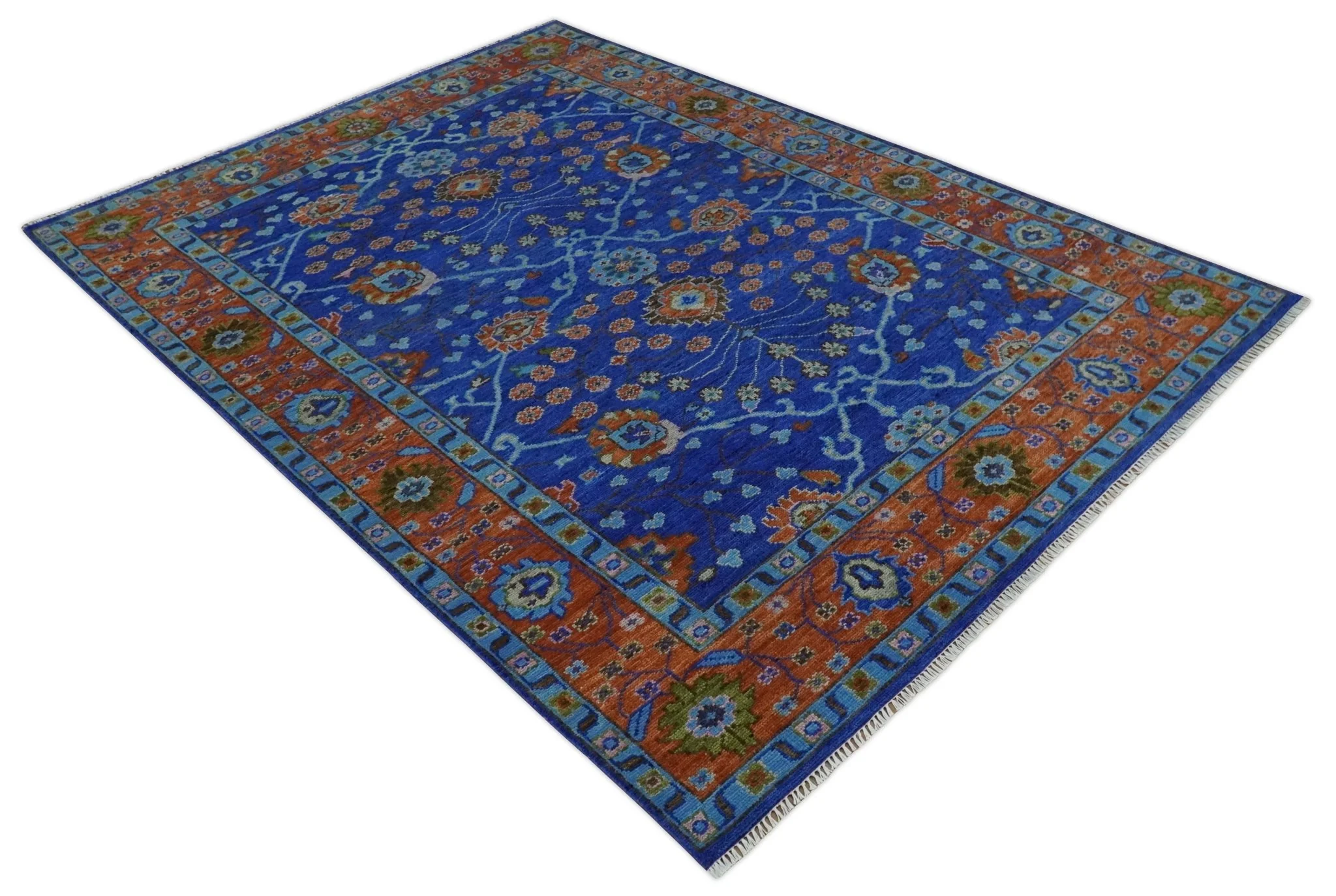 Blue and Rust Hand Knotted Traditional Floral Oushak 8.9x12.1 Wool Area Rug - Image 9