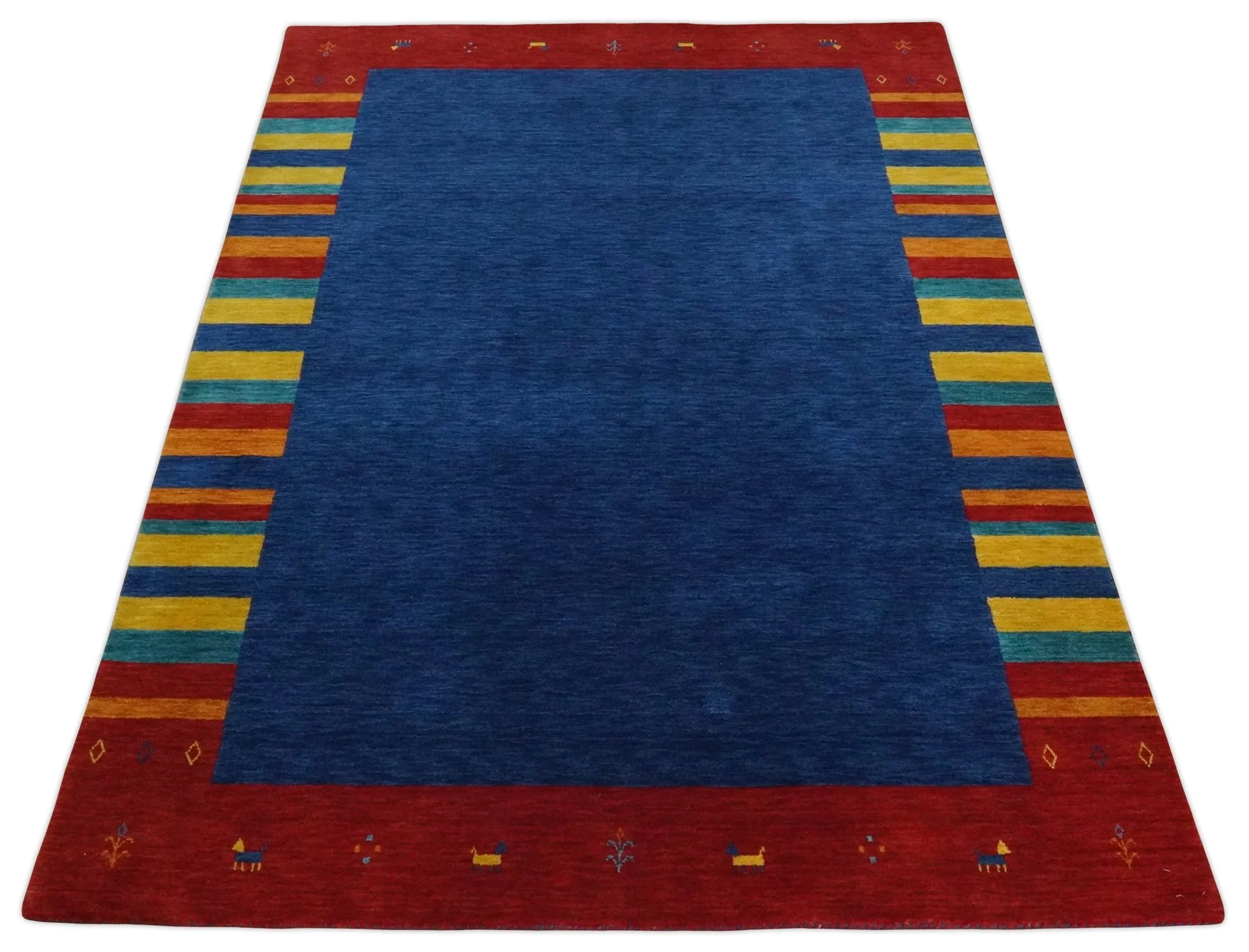 5.8x8 Blue and Rust with multicolor Striped Wool Hand Woven Southwestern Lori Gabbeh Rug| KNT19 - Image 10