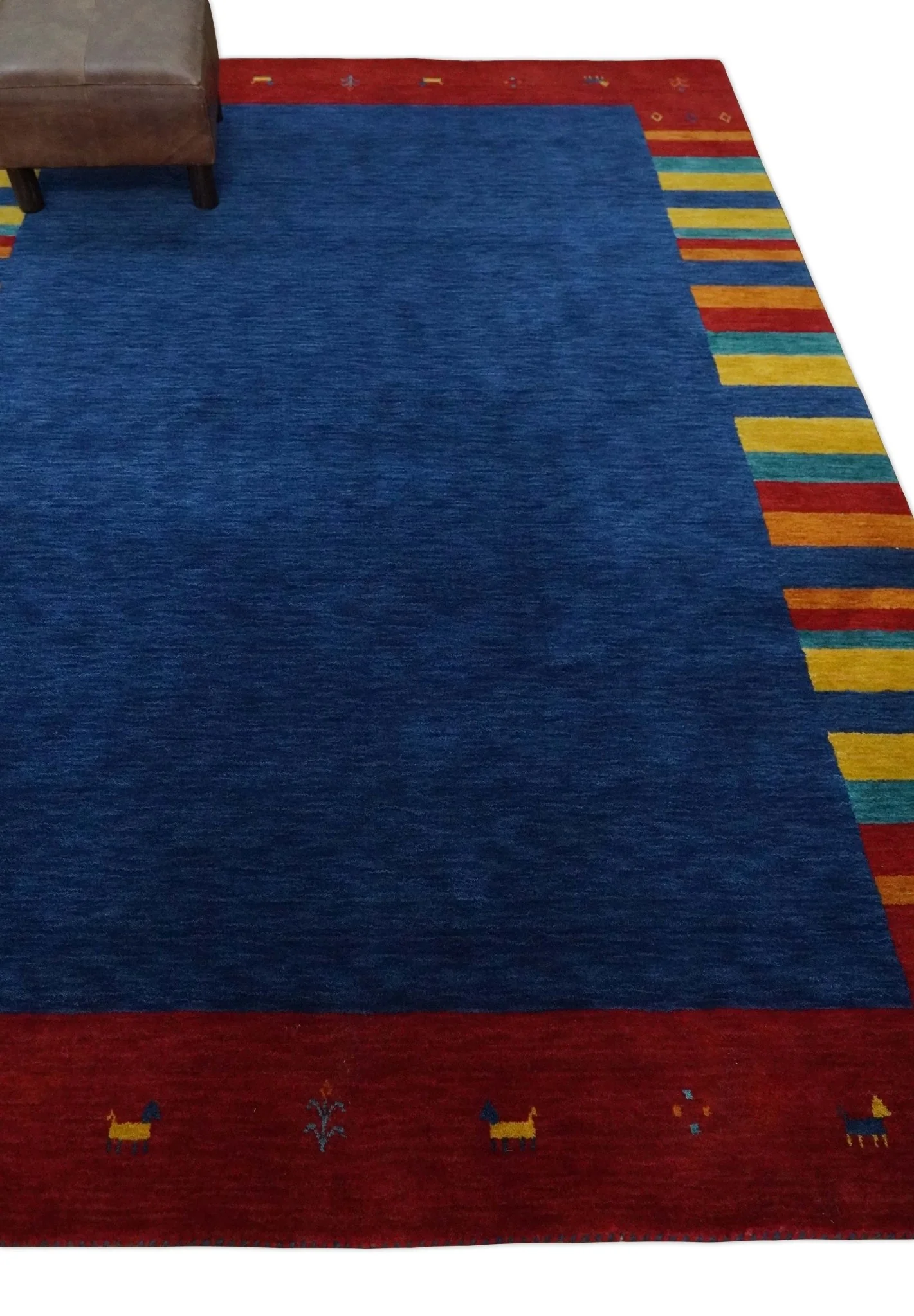5.8x8 Blue and Rust with multicolor Striped Wool Hand Woven Southwestern Lori Gabbeh Rug| KNT19 - Image 3