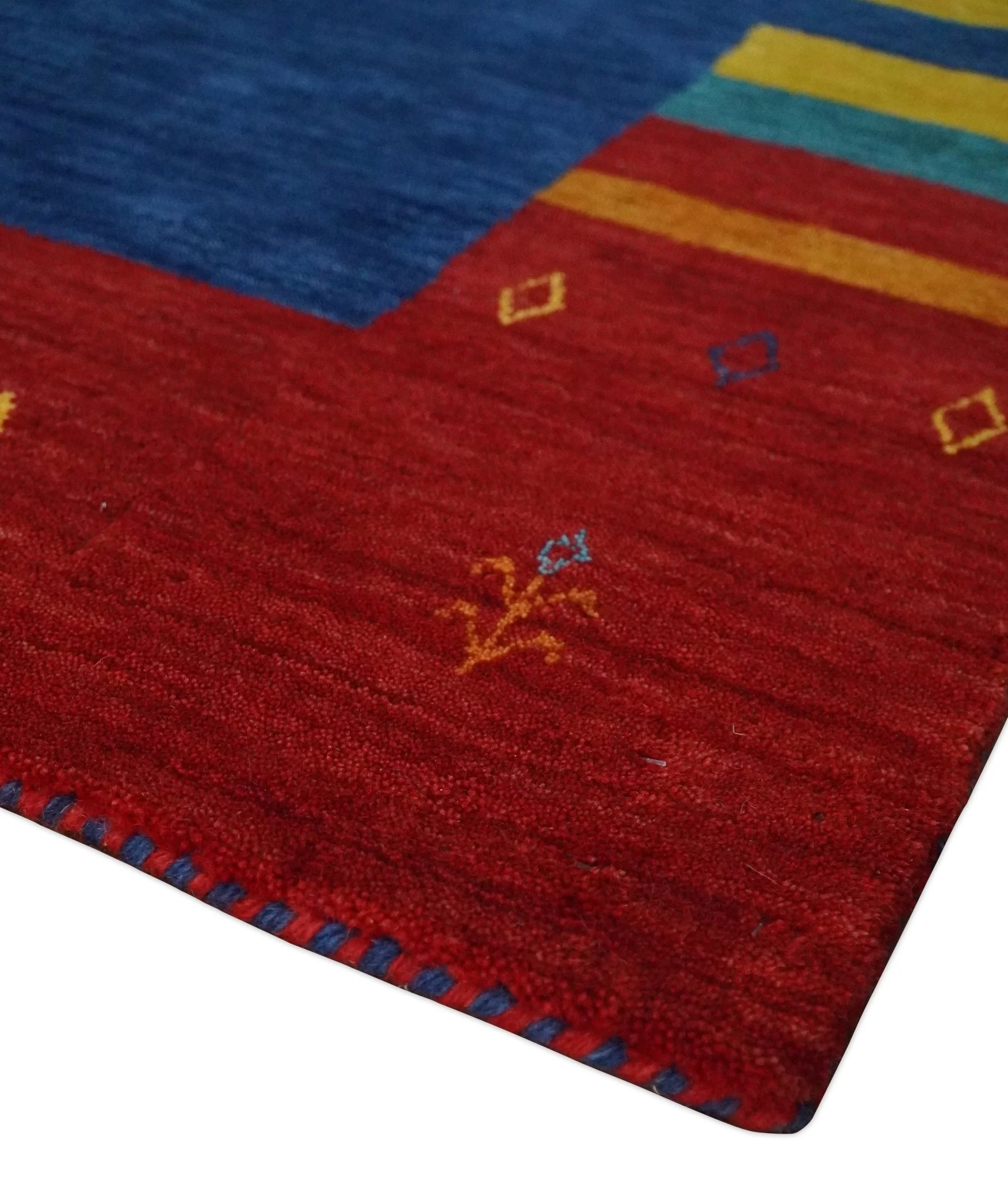 5.8x8 Blue and Rust with multicolor Striped Wool Hand Woven Southwestern Lori Gabbeh Rug| KNT19 - Image 5