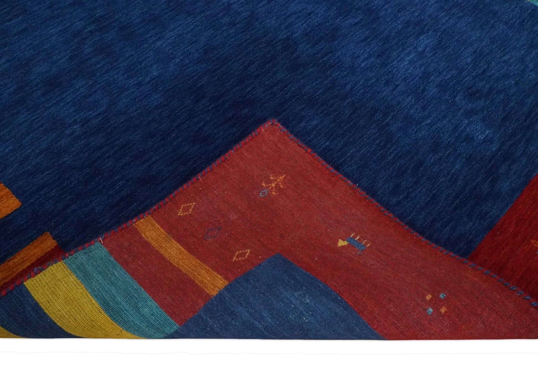5.8x8 Blue and Rust with multicolor Striped Wool Hand Woven Southwestern Lori Gabbeh Rug| KNT19 - Image 6