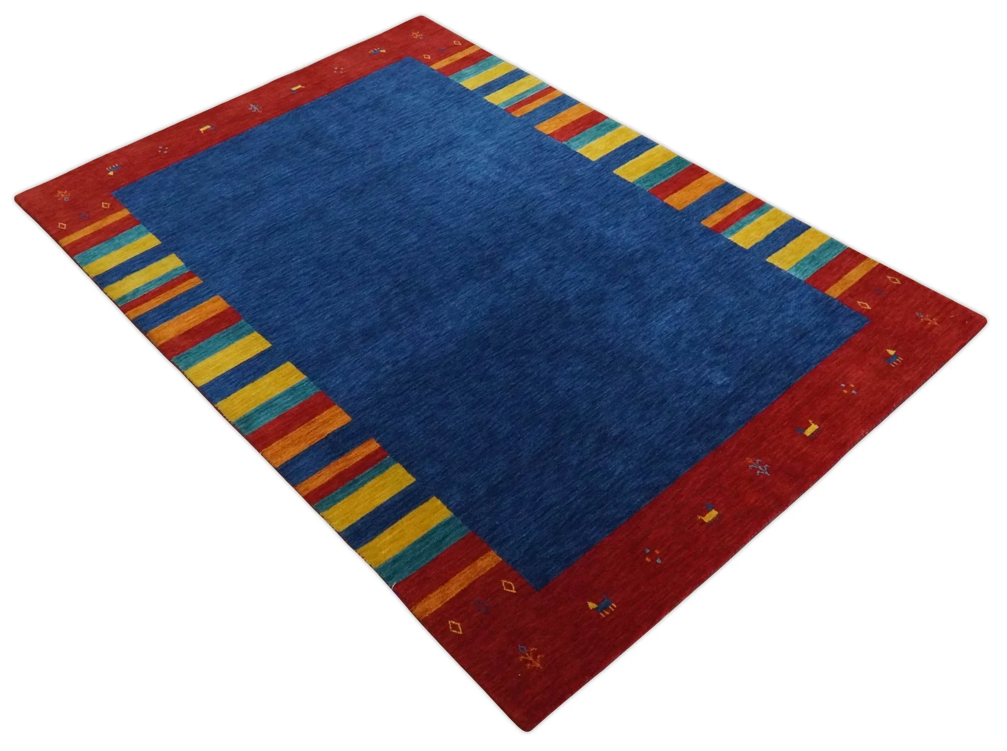 5.8x8 Blue and Rust with multicolor Striped Wool Hand Woven Southwestern Lori Gabbeh Rug| KNT19 - Image 9