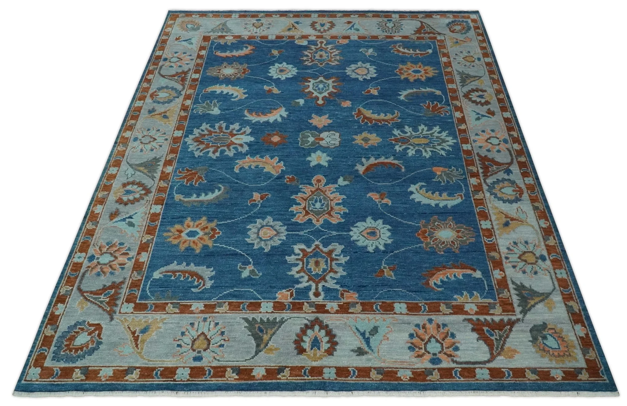 Custom Made Blue and Silver Hand knotted colorful Traditional Oushak wool Area Rug - Image 10