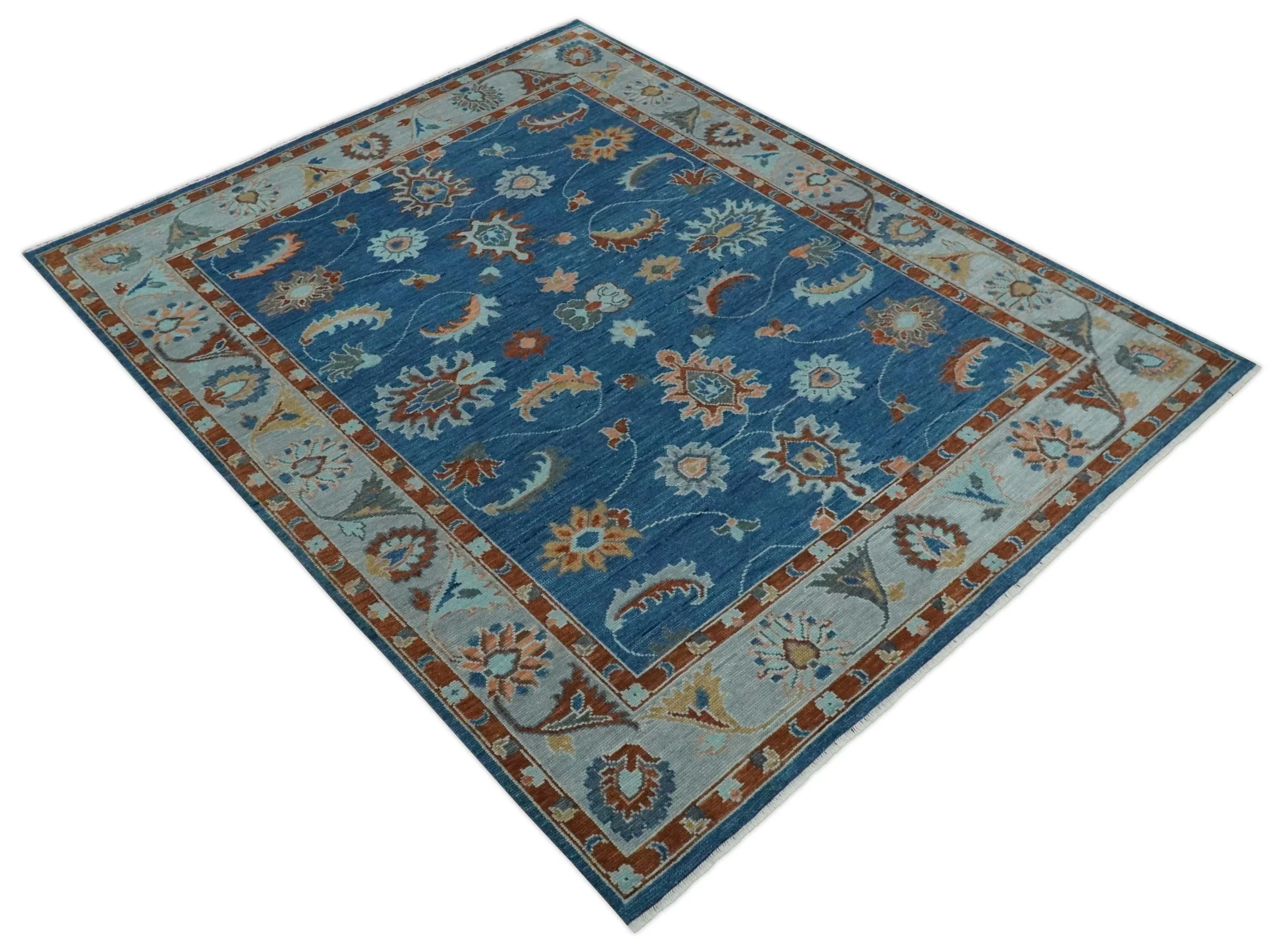 Custom Made Blue and Silver Hand knotted colorful Traditional Oushak wool Area Rug - Image 9
