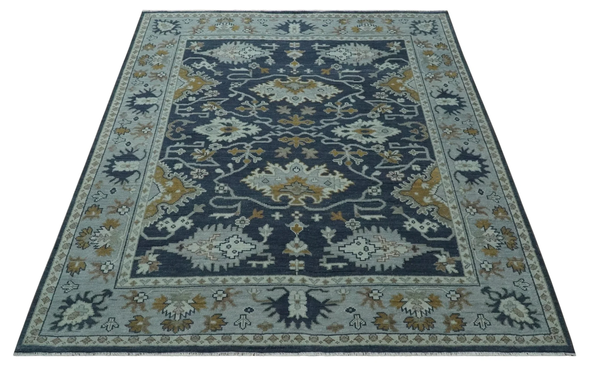 Antique style Blue and Silver Traditional Multi Size Hand Knotted Oushak Wool Rug - Image 10