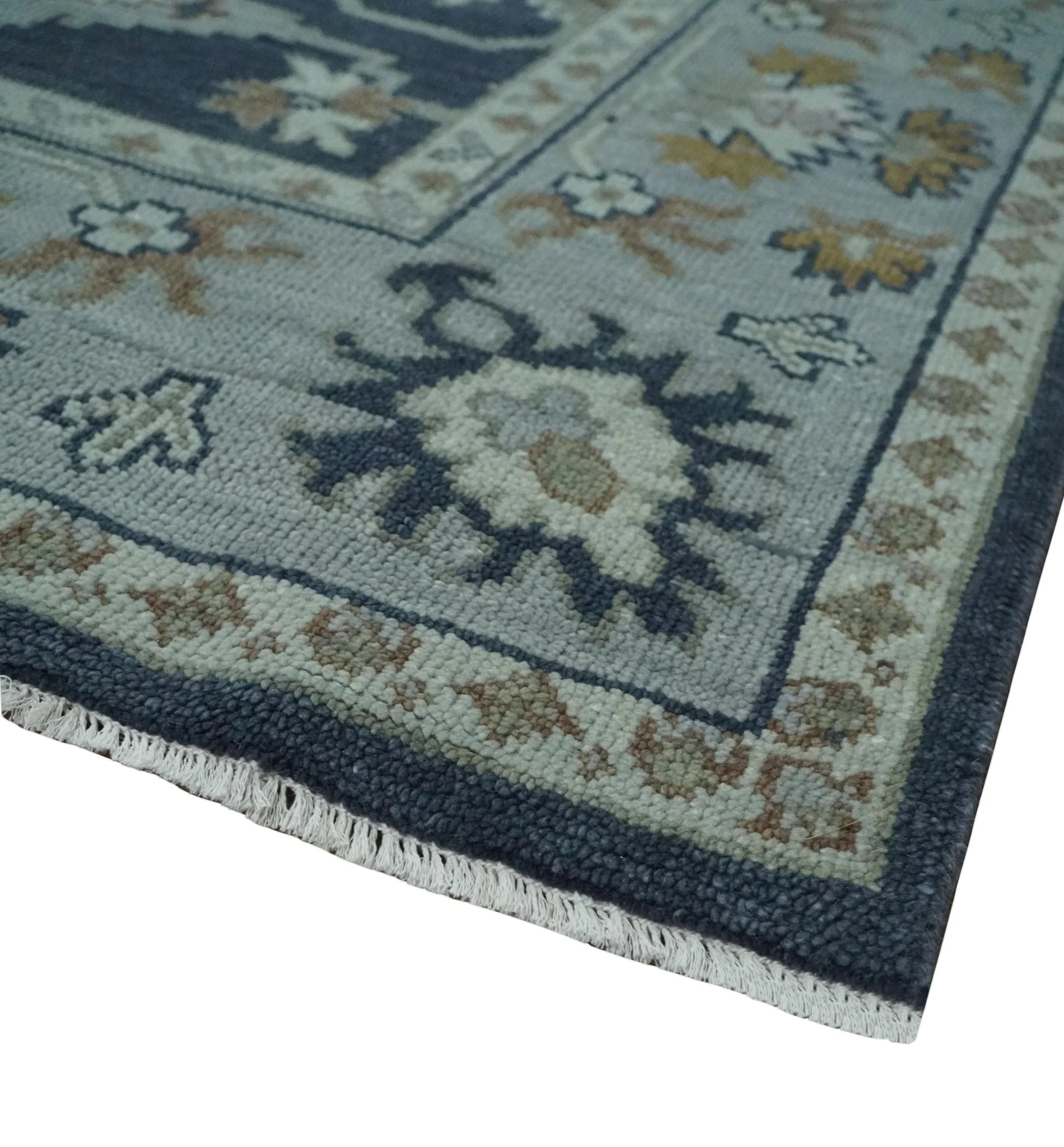 Antique style Blue and Silver Traditional Multi Size Hand Knotted Oushak Wool Rug - Image 5