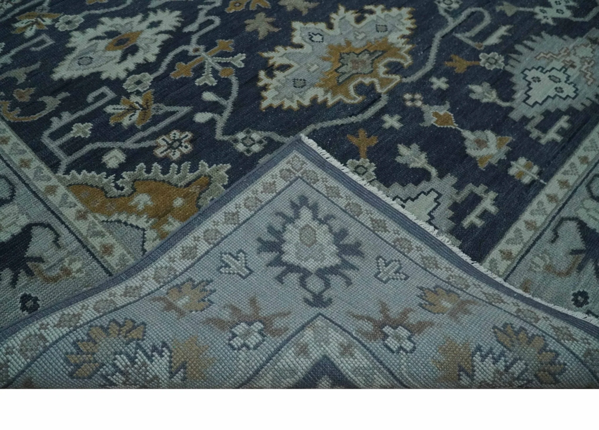 Antique style Blue and Silver Traditional Multi Size Hand Knotted Oushak Wool Rug - Image 7