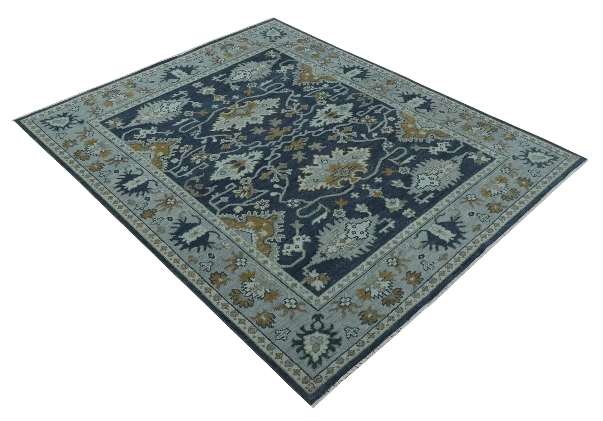 Antique style Blue and Silver Traditional Multi Size Hand Knotted Oushak Wool Rug - Image 9