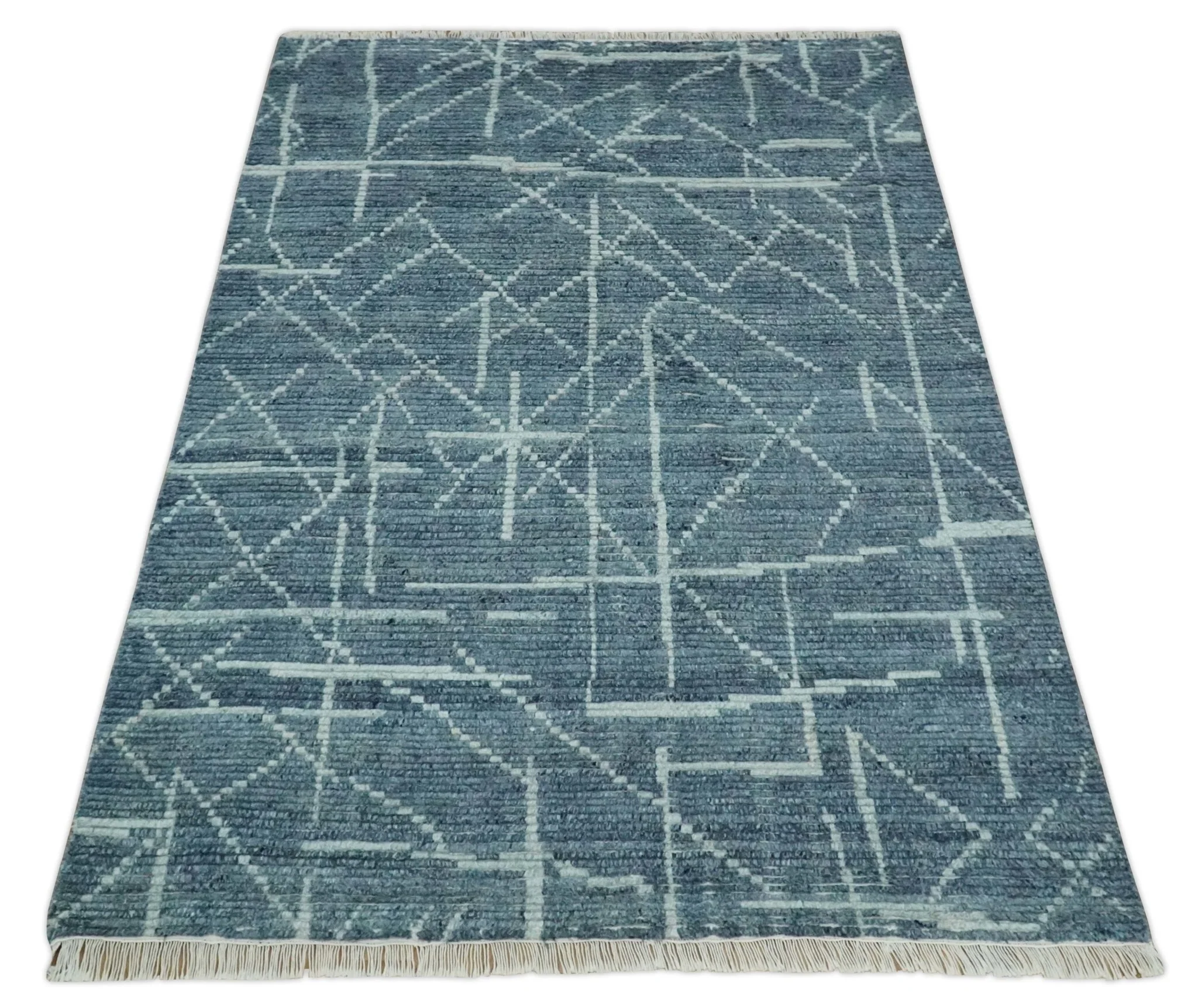 Hand Knotted Blue and Silver Trellis Moroccan Rug Made with Blended Wool Multi size Rug - Image 9